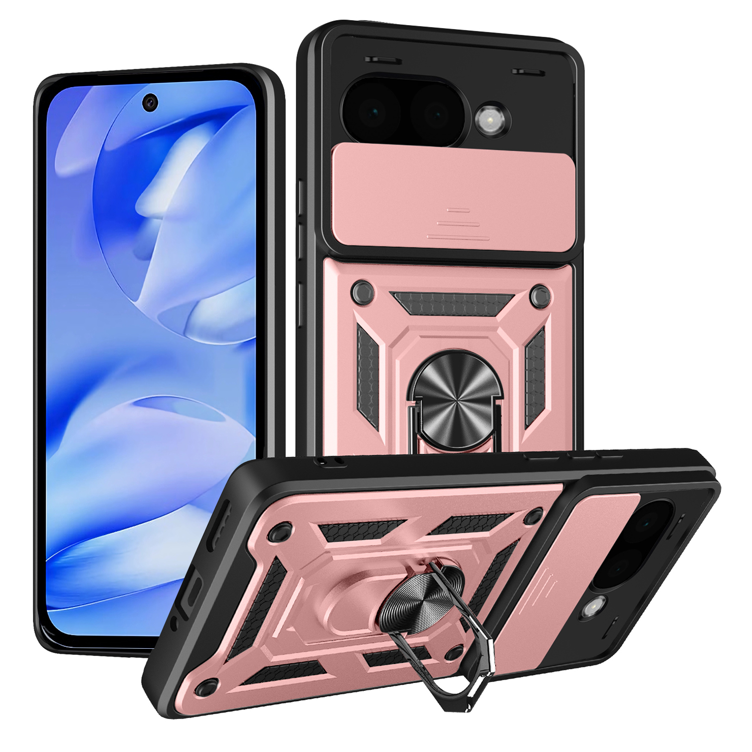 For Google Pixel 9a Case with Slide Camera Lid PC + TPU Kickstand Phone Cover - Rose Gold