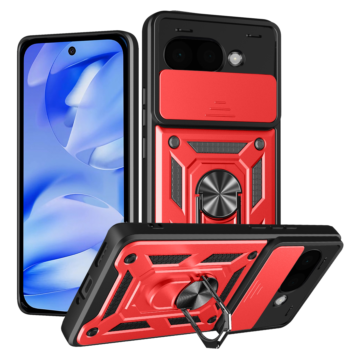 For Google Pixel 9a Case with Slide Camera Lid PC + TPU Kickstand Phone Cover - Red