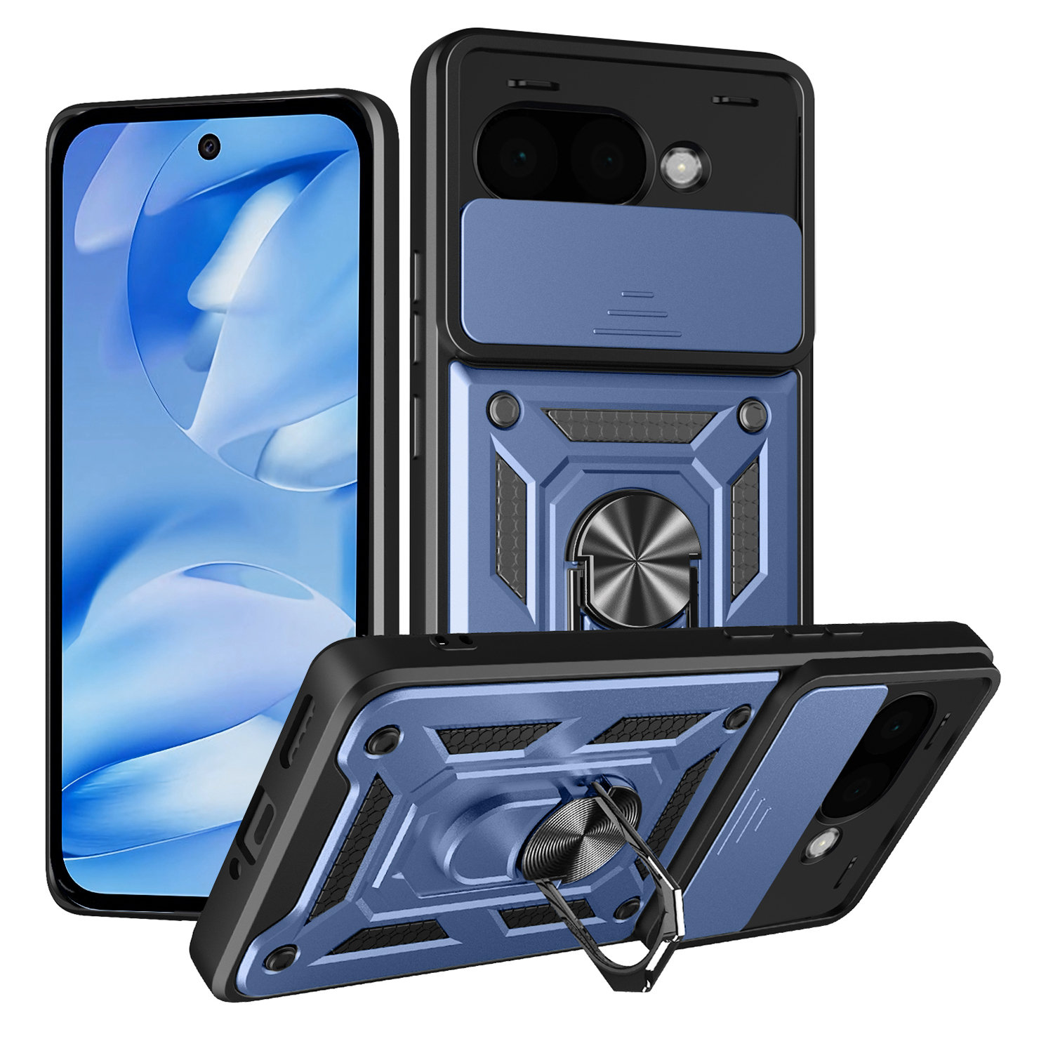 For Google Pixel 9a Case with Slide Camera Lid PC + TPU Kickstand Phone Cover - Blue