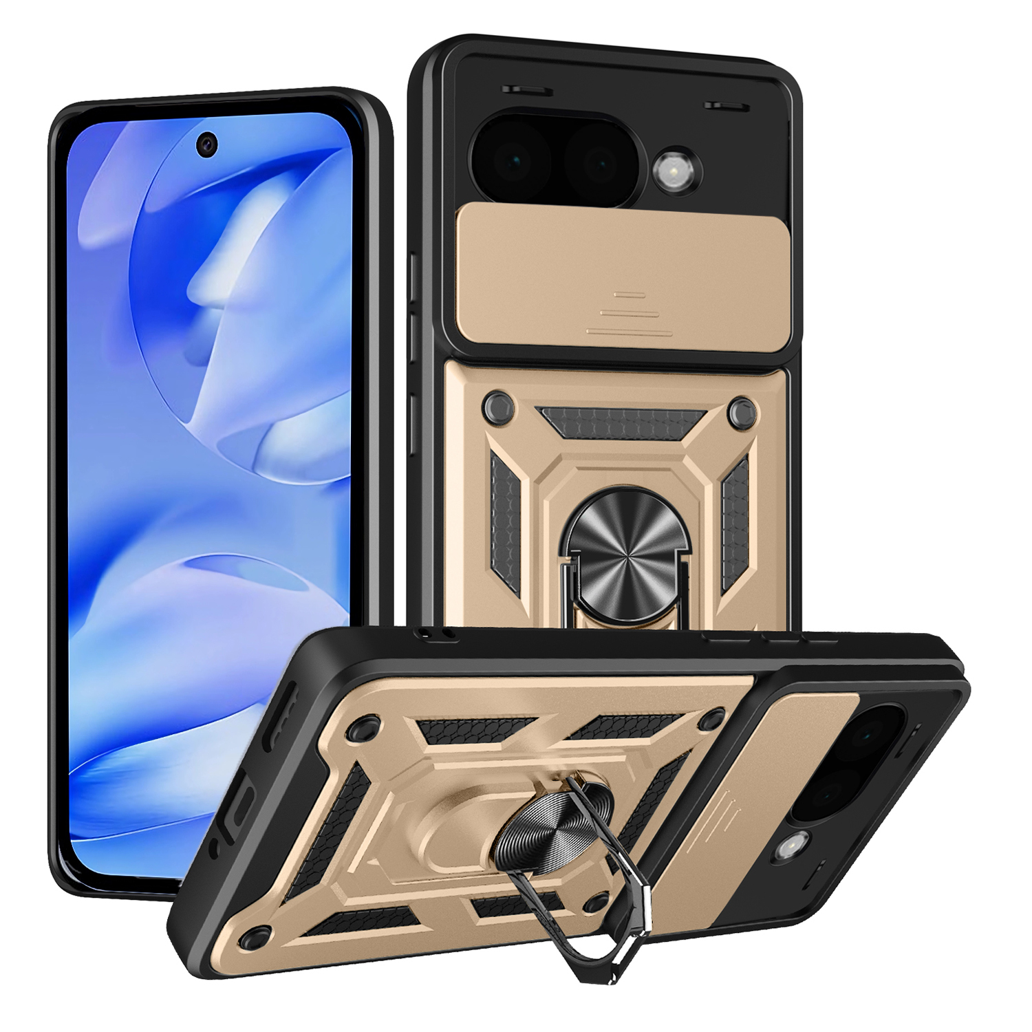 For Google Pixel 9a Case with Slide Camera Lid PC + TPU Kickstand Phone Cover - Gold