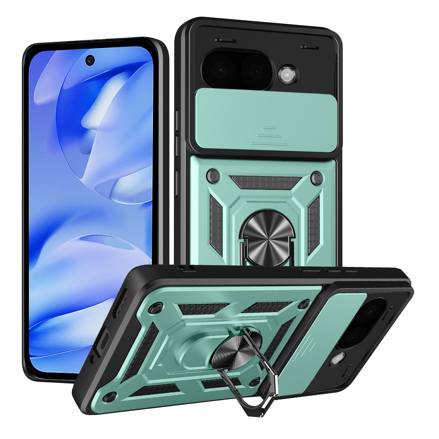 For Google Pixel 9a Case with Slide Camera Lid PC + TPU Kickstand Phone Cover - Green