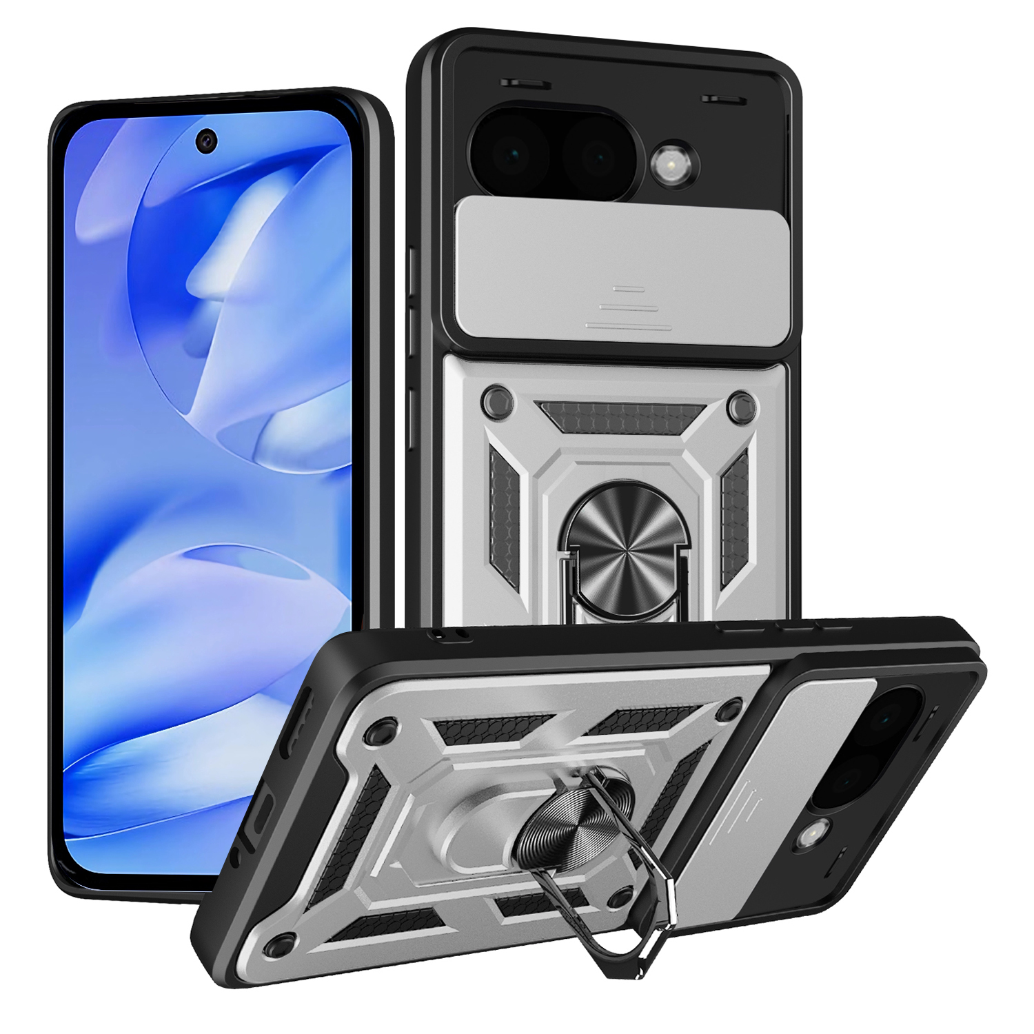 For Google Pixel 9a Case with Slide Camera Lid PC + TPU Kickstand Phone Cover - Silver