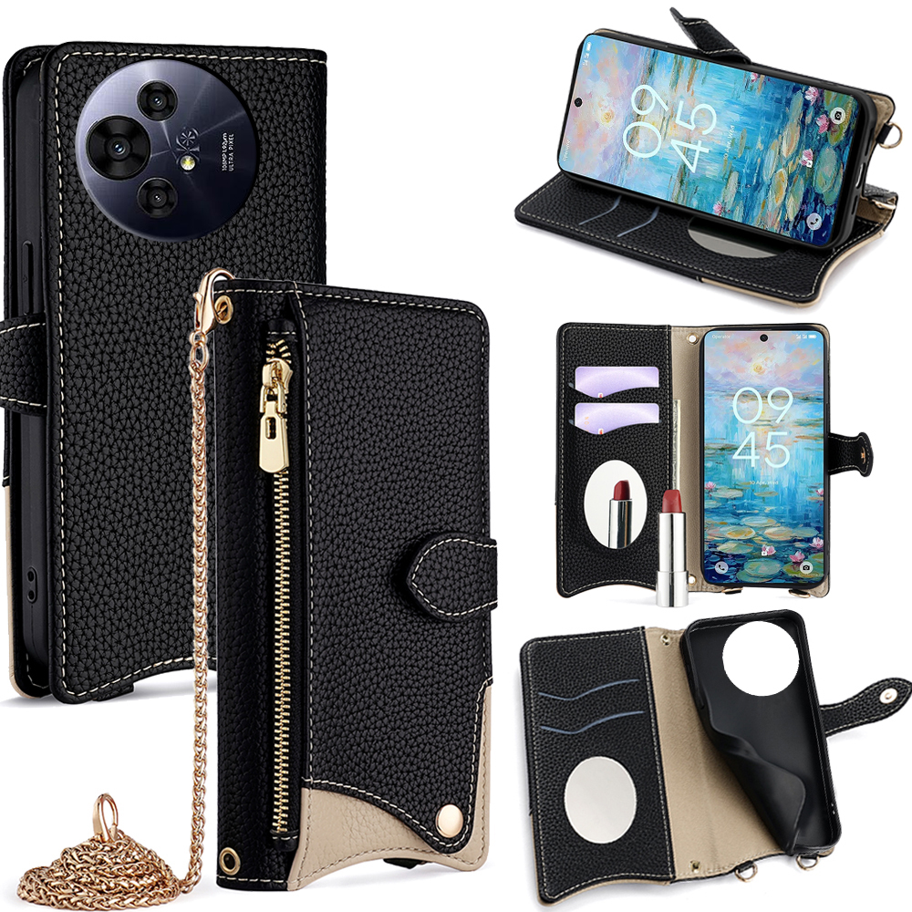 Wallet Case for TCL 50 NxtPaper 5G / 50 Pro NxtPaper 5G Fishtail Design Leather Phone Cover with Mirror / Stand / Strap - Black
