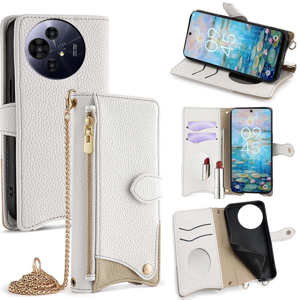 Wallet Case for TCL 50 NxtPaper 5G / 50 Pro NxtPaper 5G Fishtail Design Leather Phone Cover with Mirror / Stand / Strap - White