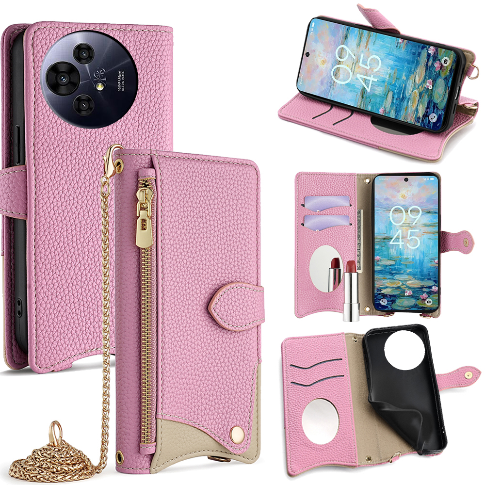 Wallet Case for TCL 50 NxtPaper 5G / 50 Pro NxtPaper 5G Fishtail Design Leather Phone Cover with Mirror / Stand / Strap - Pink