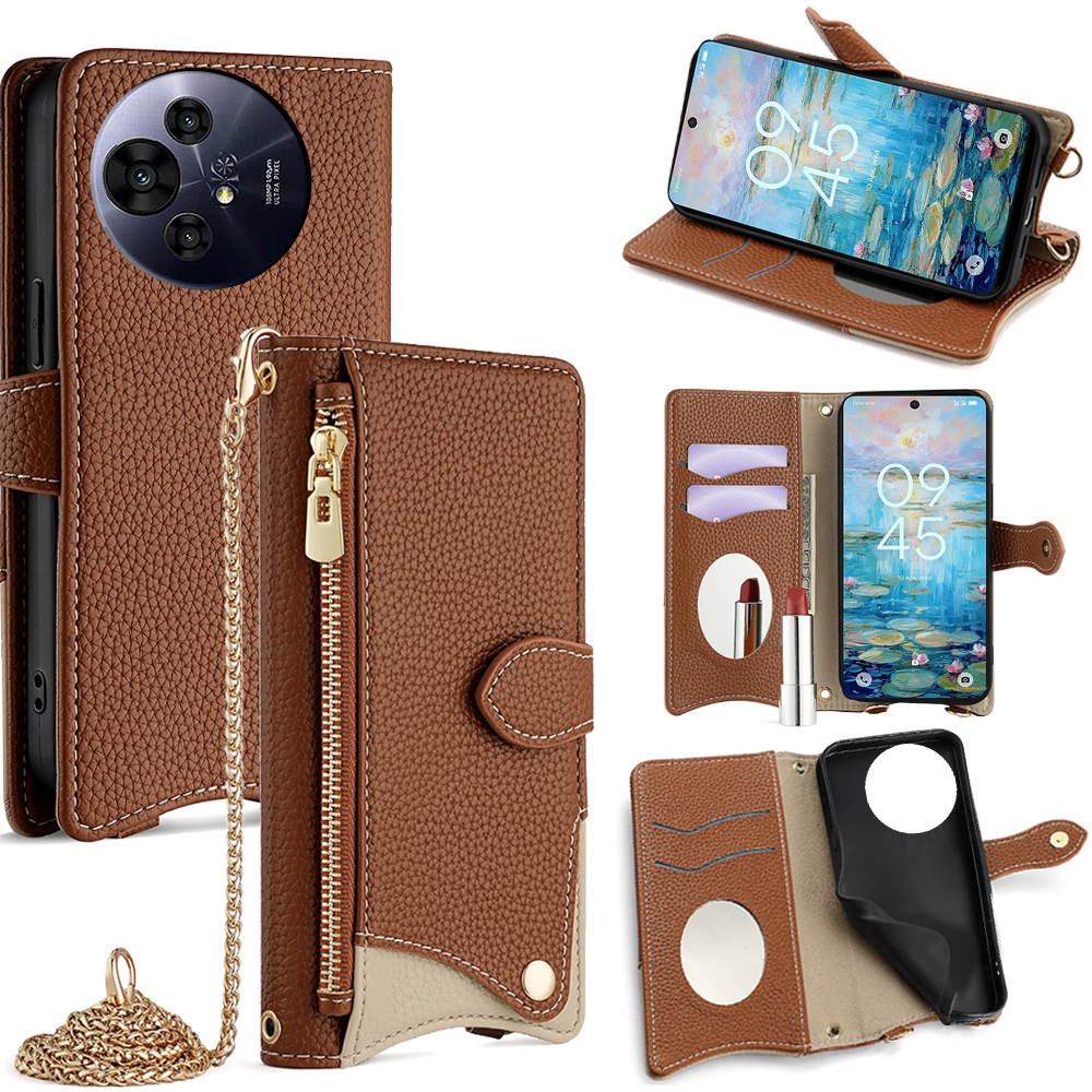 Wallet Case for TCL 50 NxtPaper 5G / 50 Pro NxtPaper 5G Fishtail Design Leather Phone Cover with Mirror / Stand / Strap - Brown