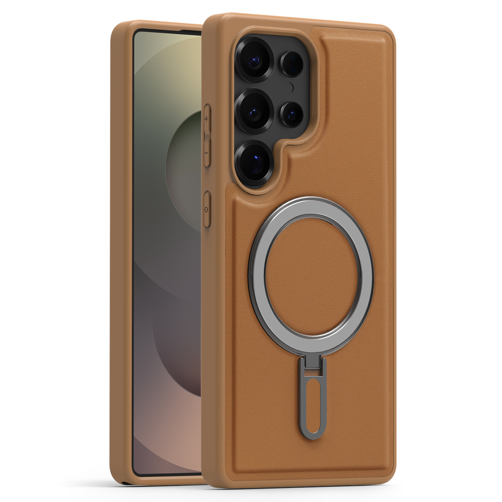 For Samsung Galaxy S24 Ultra Magnetic Case TPU + PU Kickstand Phone Back Cover - Brown