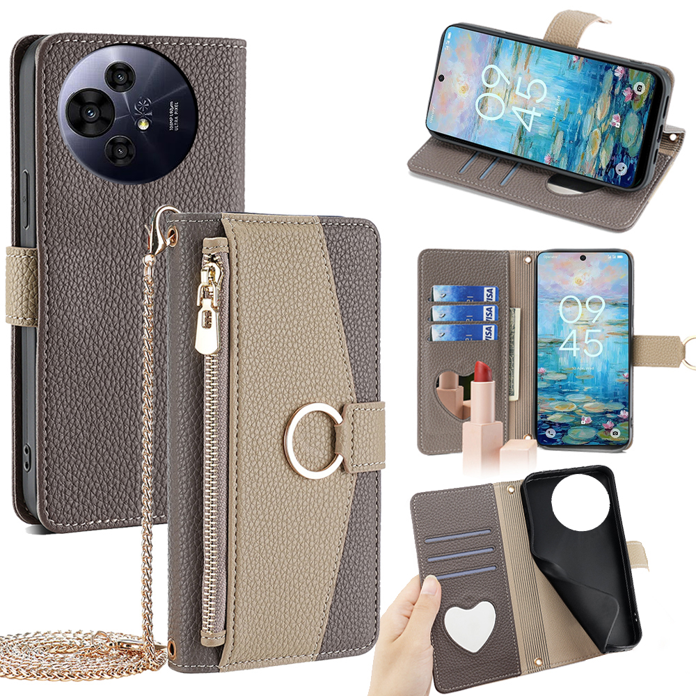 Wallet Case for TCL 50 NxtPaper 5G / 50 Pro NxtPaper 5G Mirror Leather Phone Cover with Chain Shoulder Strap - Grey