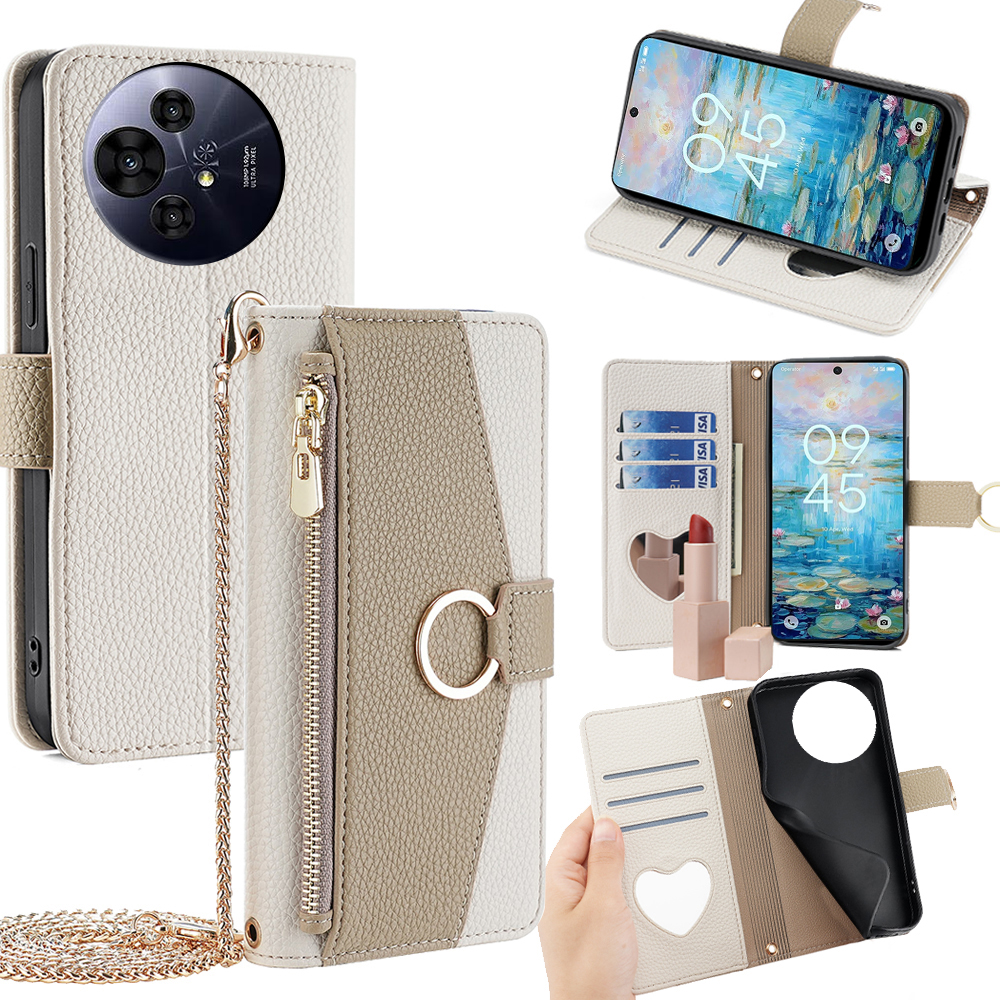 Wallet Case for TCL 50 NxtPaper 5G / 50 Pro NxtPaper 5G Mirror Leather Phone Cover with Chain Shoulder Strap - White