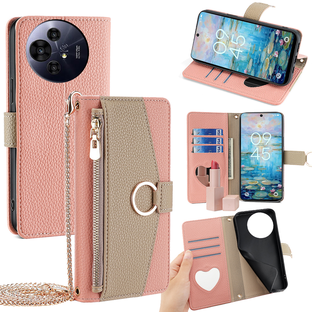 Wallet Case for TCL 50 NxtPaper 5G / 50 Pro NxtPaper 5G Mirror Leather Phone Cover with Chain Shoulder Strap - Pink