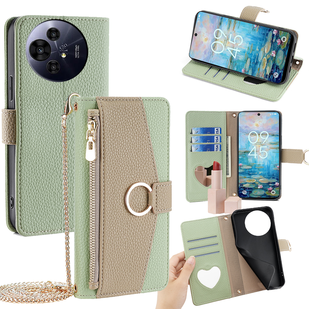 Wallet Case for TCL 50 NxtPaper 5G / 50 Pro NxtPaper 5G Mirror Leather Phone Cover with Chain Shoulder Strap - Green