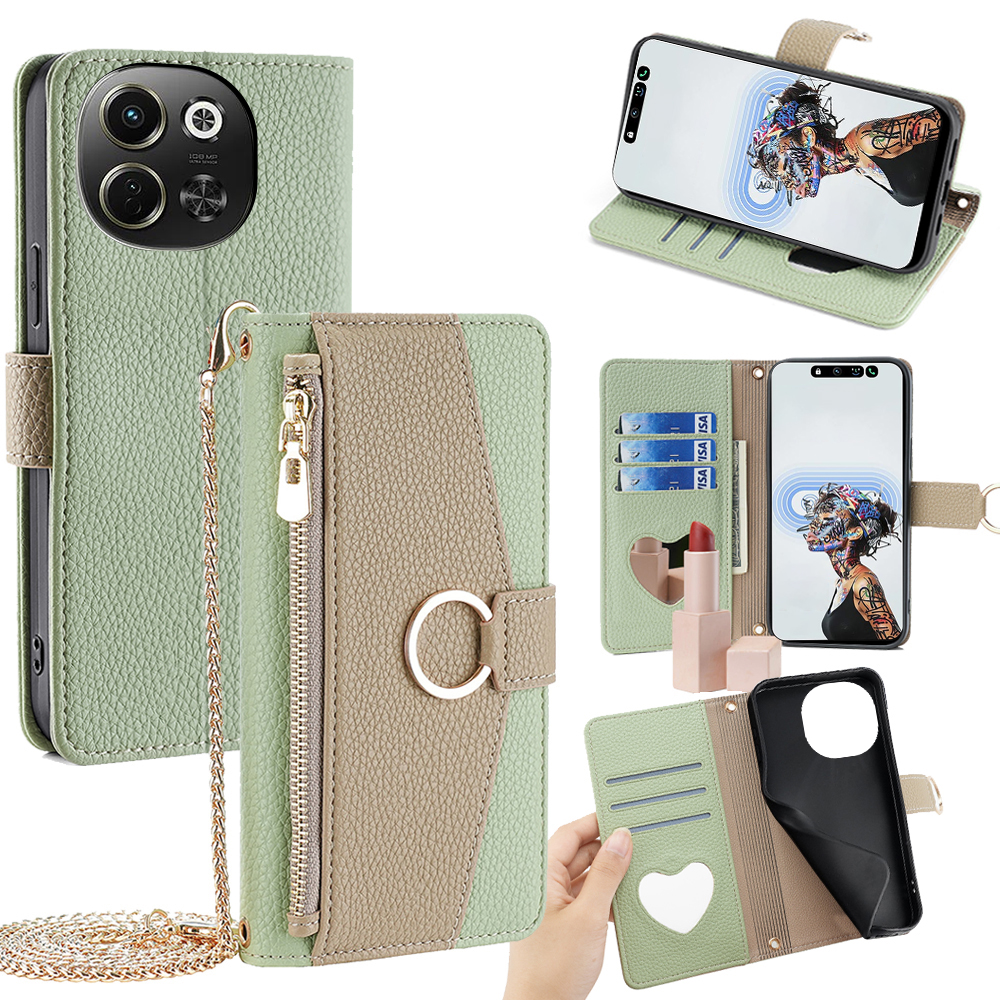Wallet Case for TECNO Pova 6 Neo 5G / Spark 30 5G Mirror Leather Phone Cover with Chain Shoulder Strap - Green