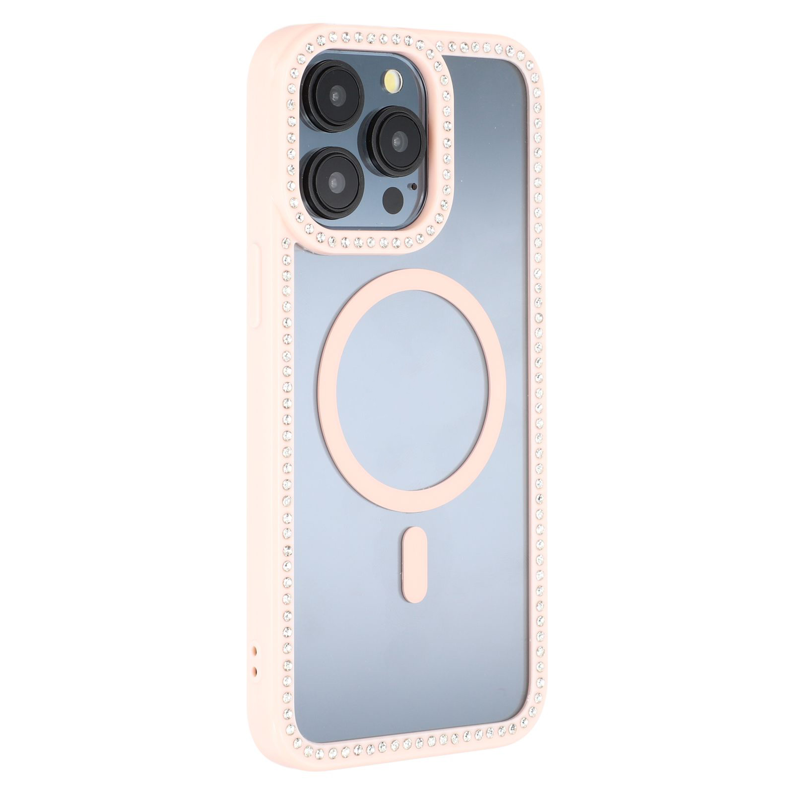 For iPhone 15 Pro Case Compatible with MagSafe Sparkling Rhinestone Decor TPU + PC Clear Phone Back Cover - Pink