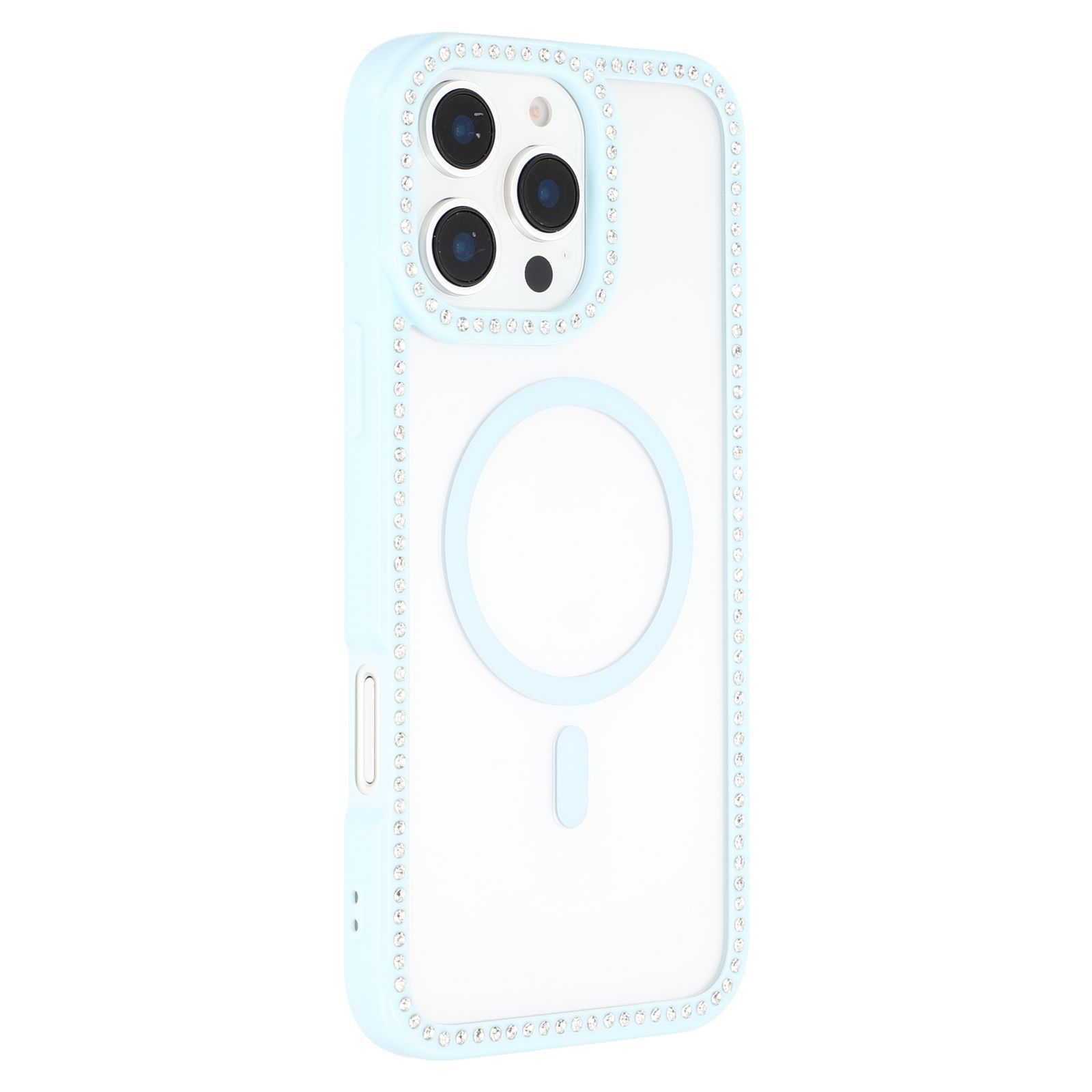 For iPhone 16 Pro Max Case Compatible with MagSafe Sparkling Rhinestone Decor TPU + PC Clear Phone Back Cover - Blue
