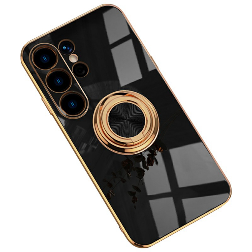 For Samsung Galaxy S24 Ultra Case Precise Cutouts 6D Electroplating TPU Phone Cover with Ring Holder - Black