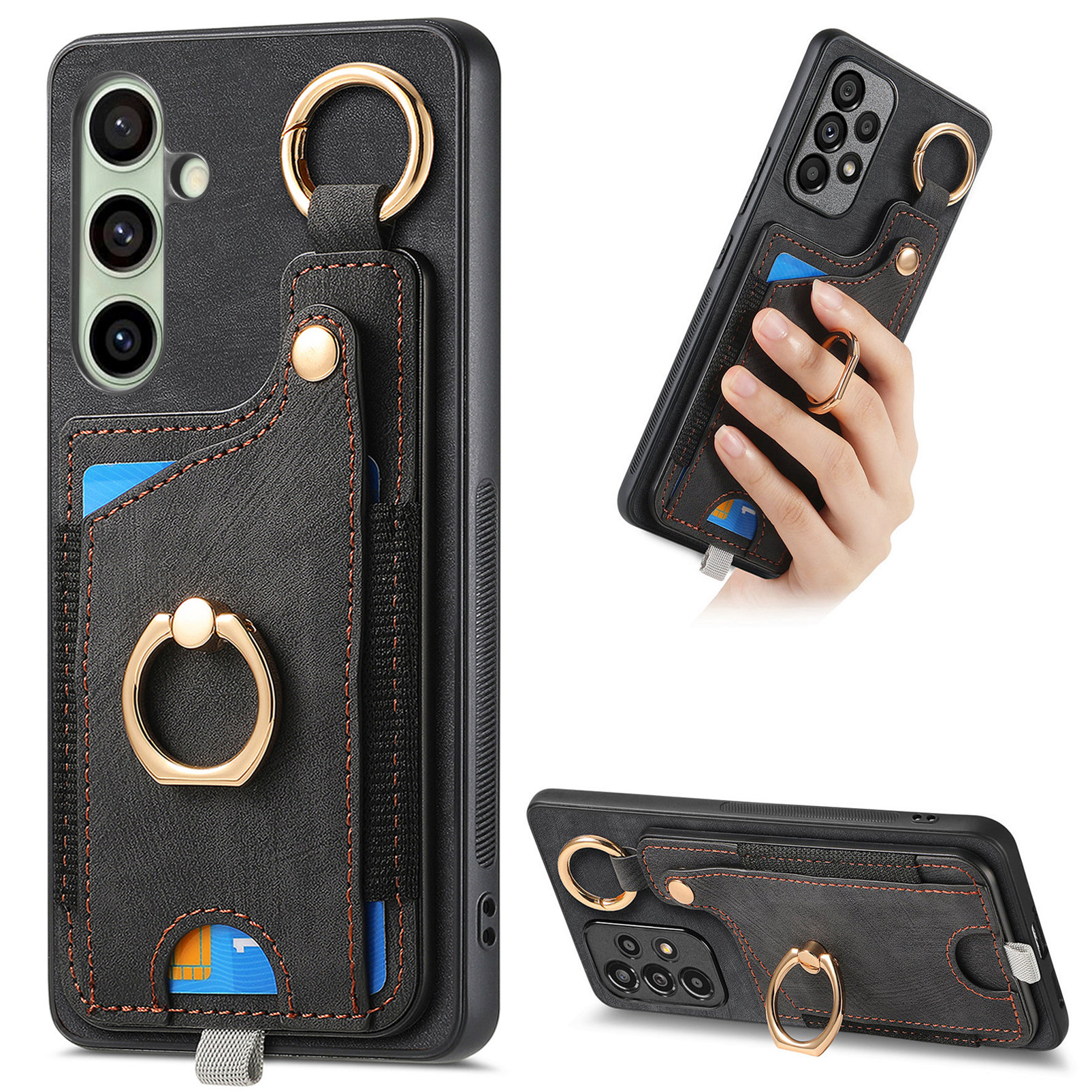 For Samsung Galaxy A26 5G Retro Leather Phone Back Cover with Card Slots and Ring Holder - Black