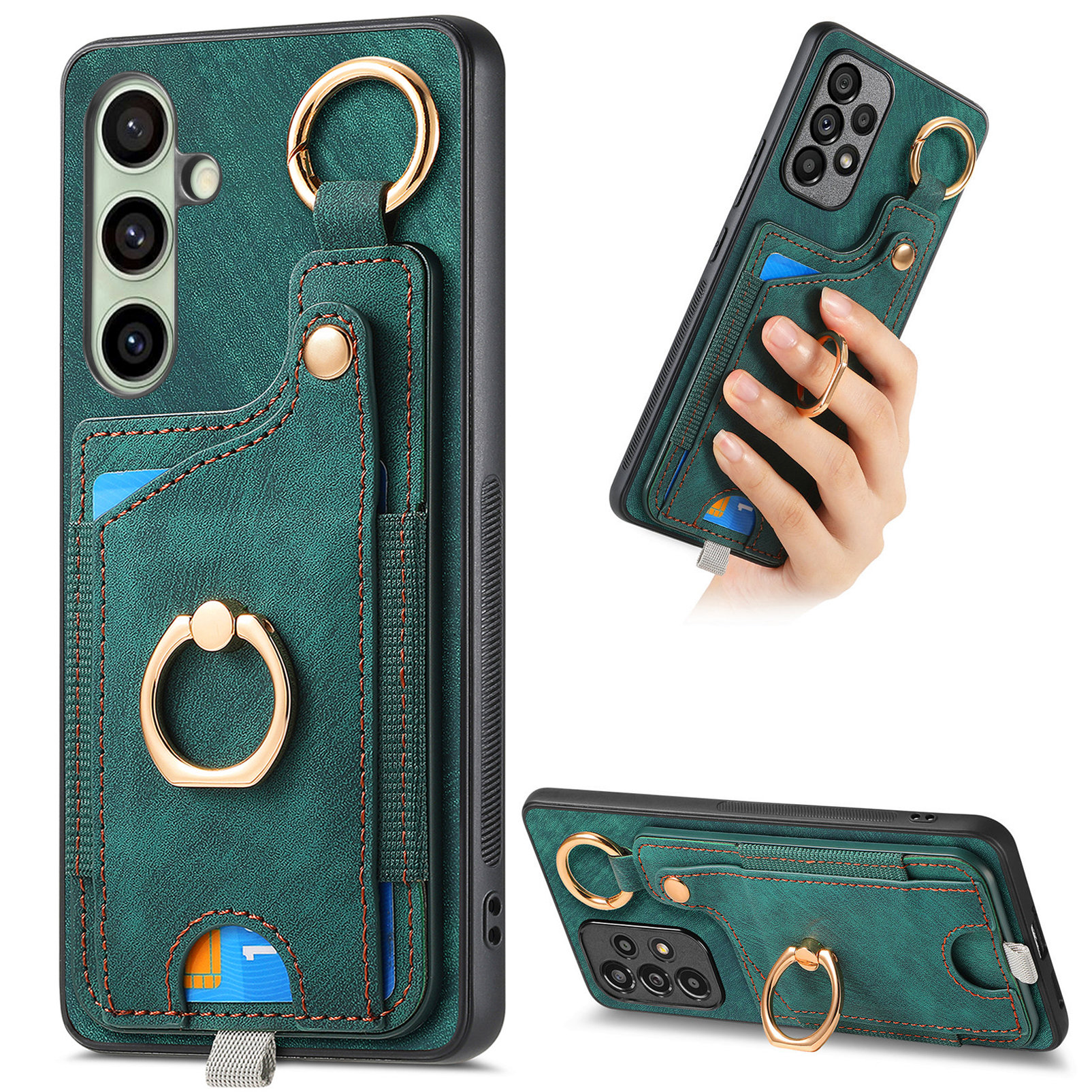 For Samsung Galaxy A36 5G Retro Leather Phone Back Cover with Card Slots and Ring Holder - Black