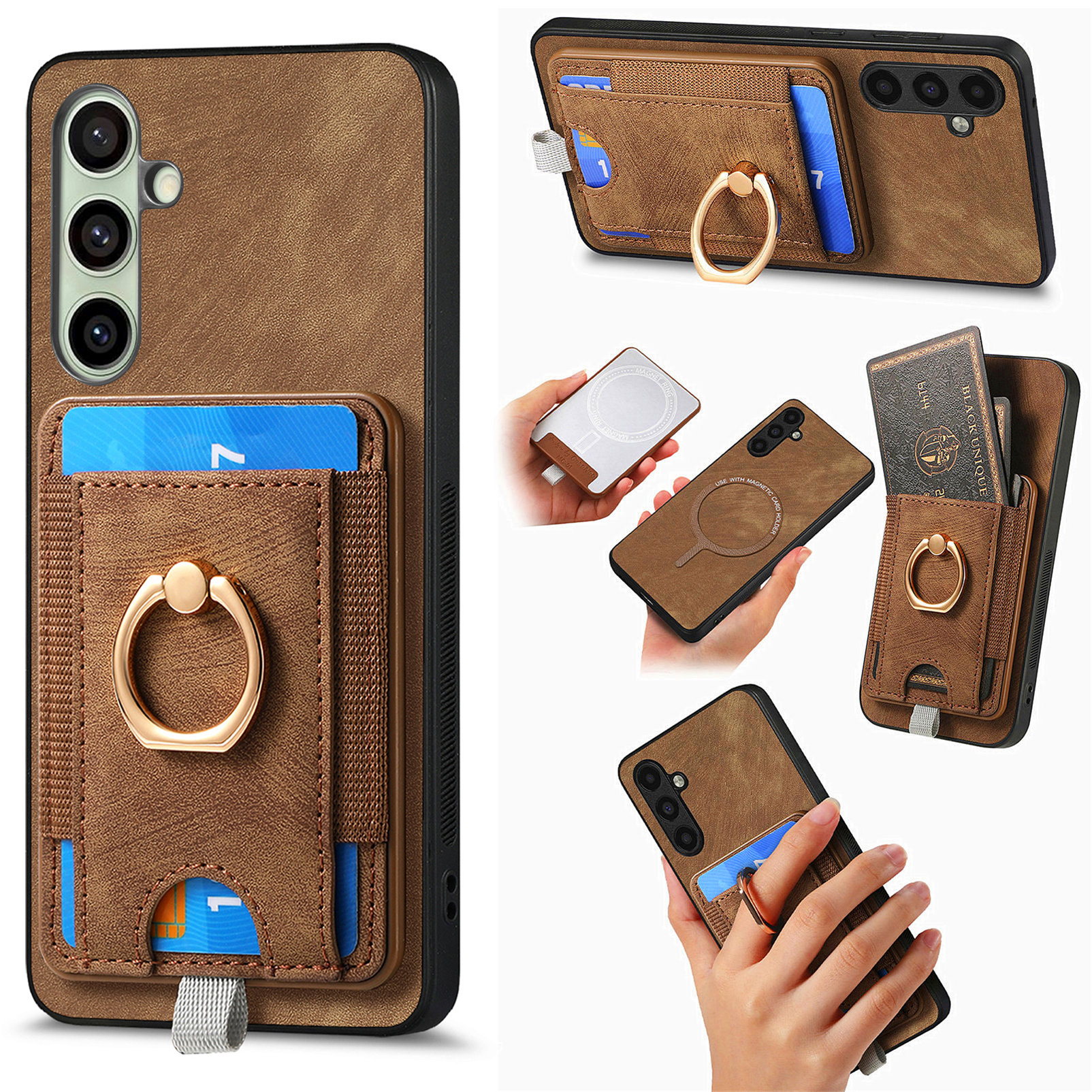 For Samsung Galaxy A36 5G Magnetic Case PU Leather Back Cover with Detachable Card Holder - Brown