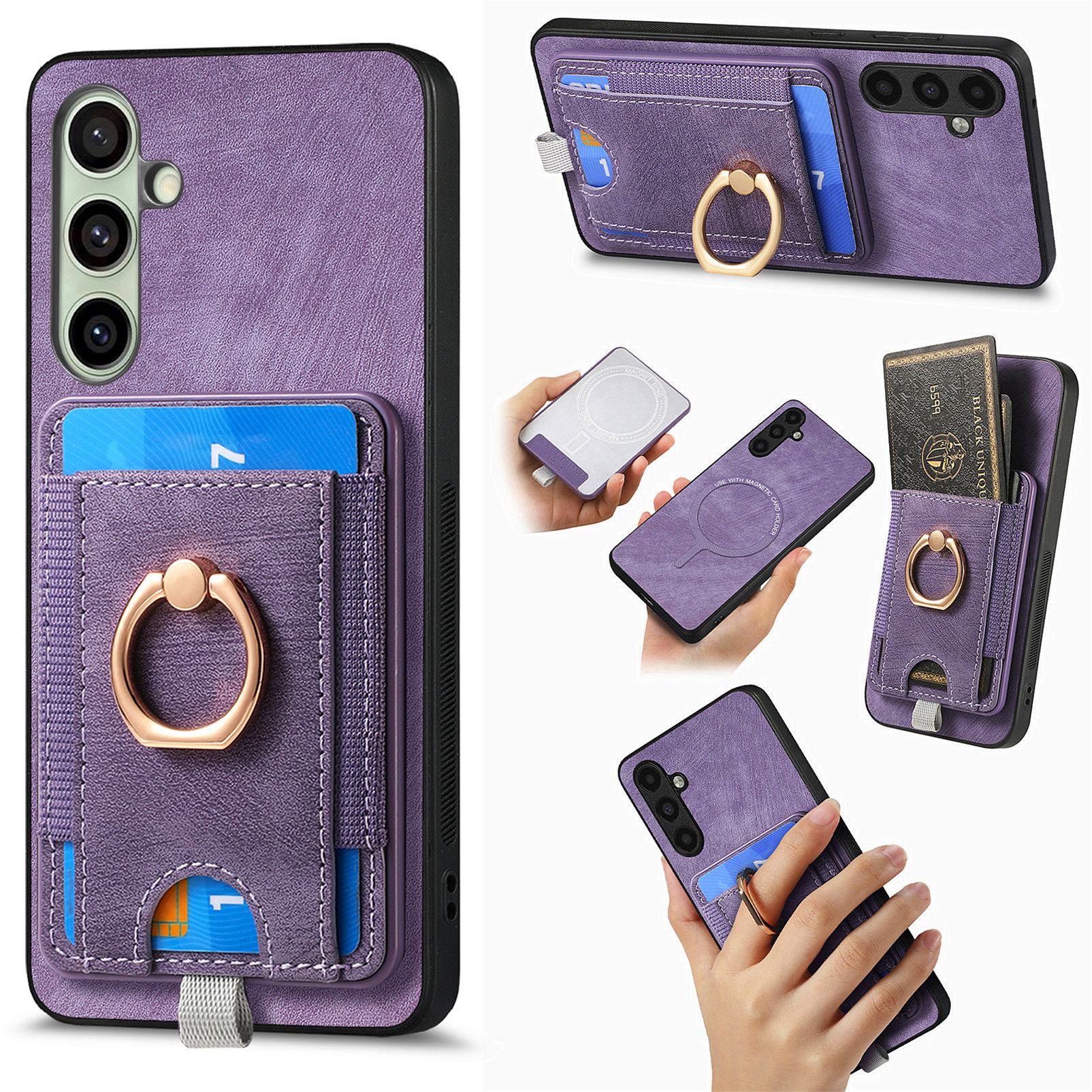 For Samsung Galaxy A36 5G Magnetic Case PU Leather Back Cover with Detachable Card Holder - Purple