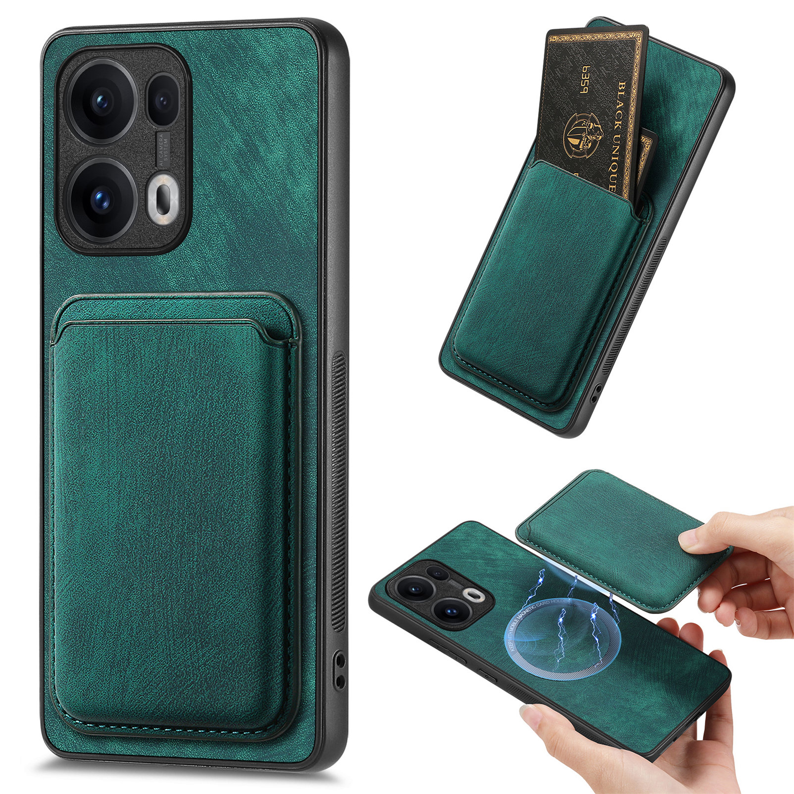 For Oppo Reno13 Pro 5G Magnetic Case Leather Back Cover with Detachable Card Holder - Green