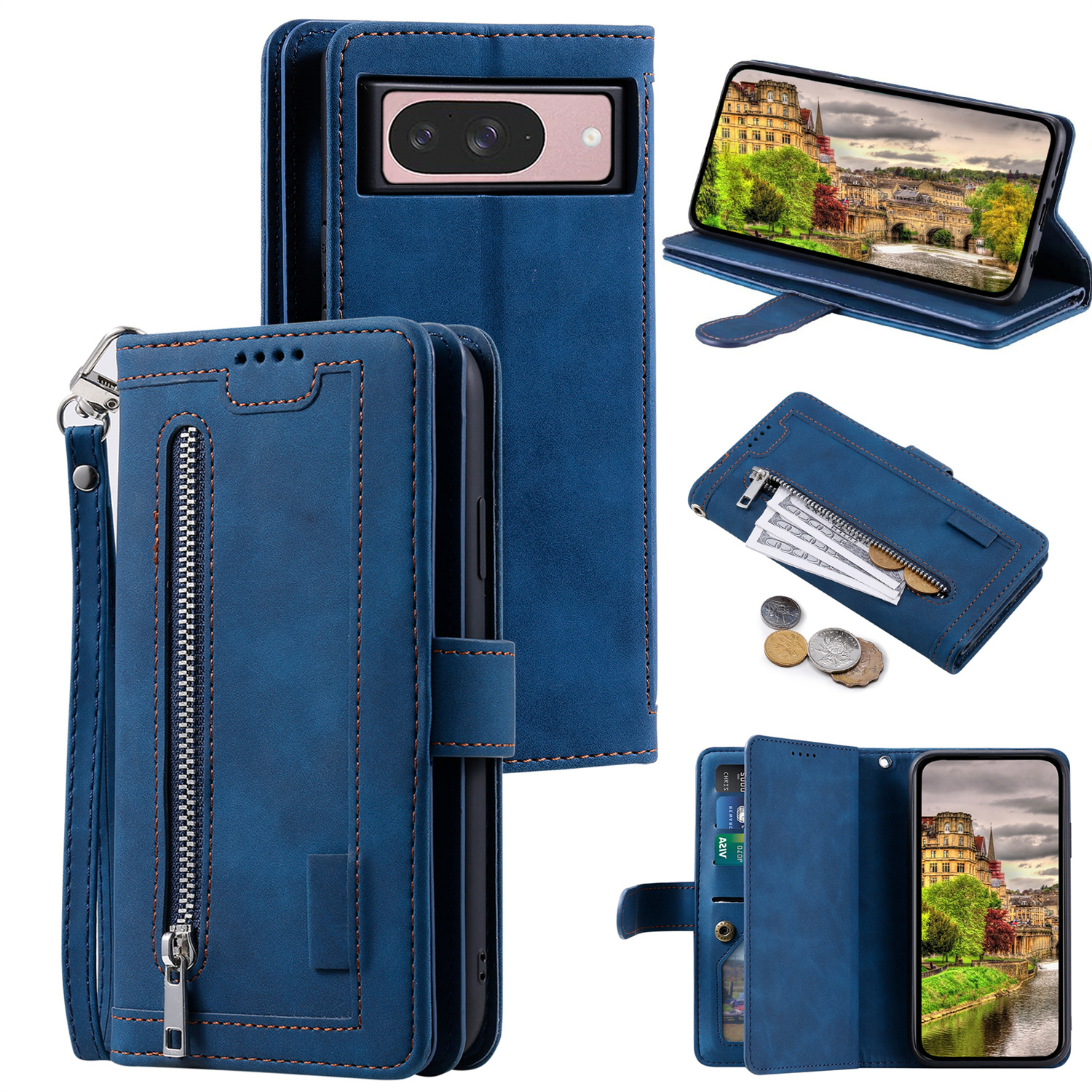 For Google Pixel 10 Pro / 10 / 9 Pro / 9 Case PU Leather Phone Cover with Zipper Wallet 9 Card Slots - Blue