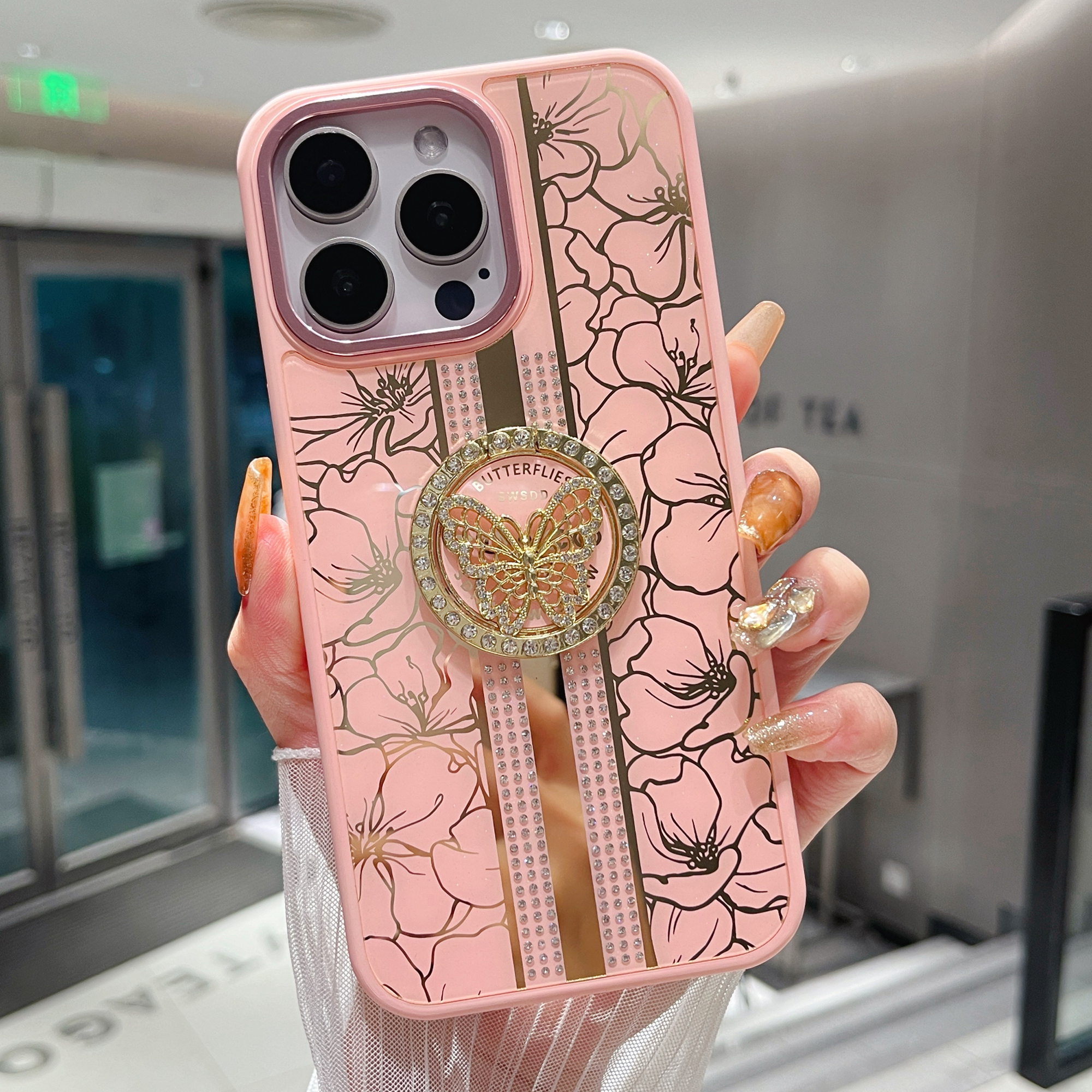 For iPhone 16 Pro Max Case Flower Pattern TPU + PC Phone Back Cover with Butterfly Kickstand - Pink