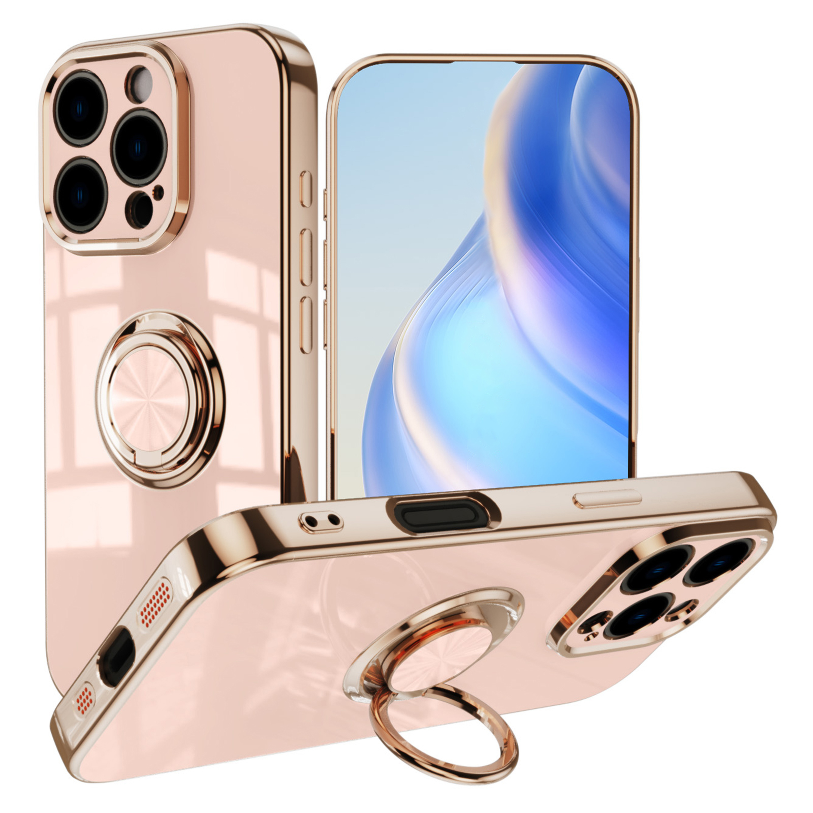 For iPhone 16 Pro Case Precise Cutouts 6D Electroplating TPU Phone Cover with Ring Holder - Pink