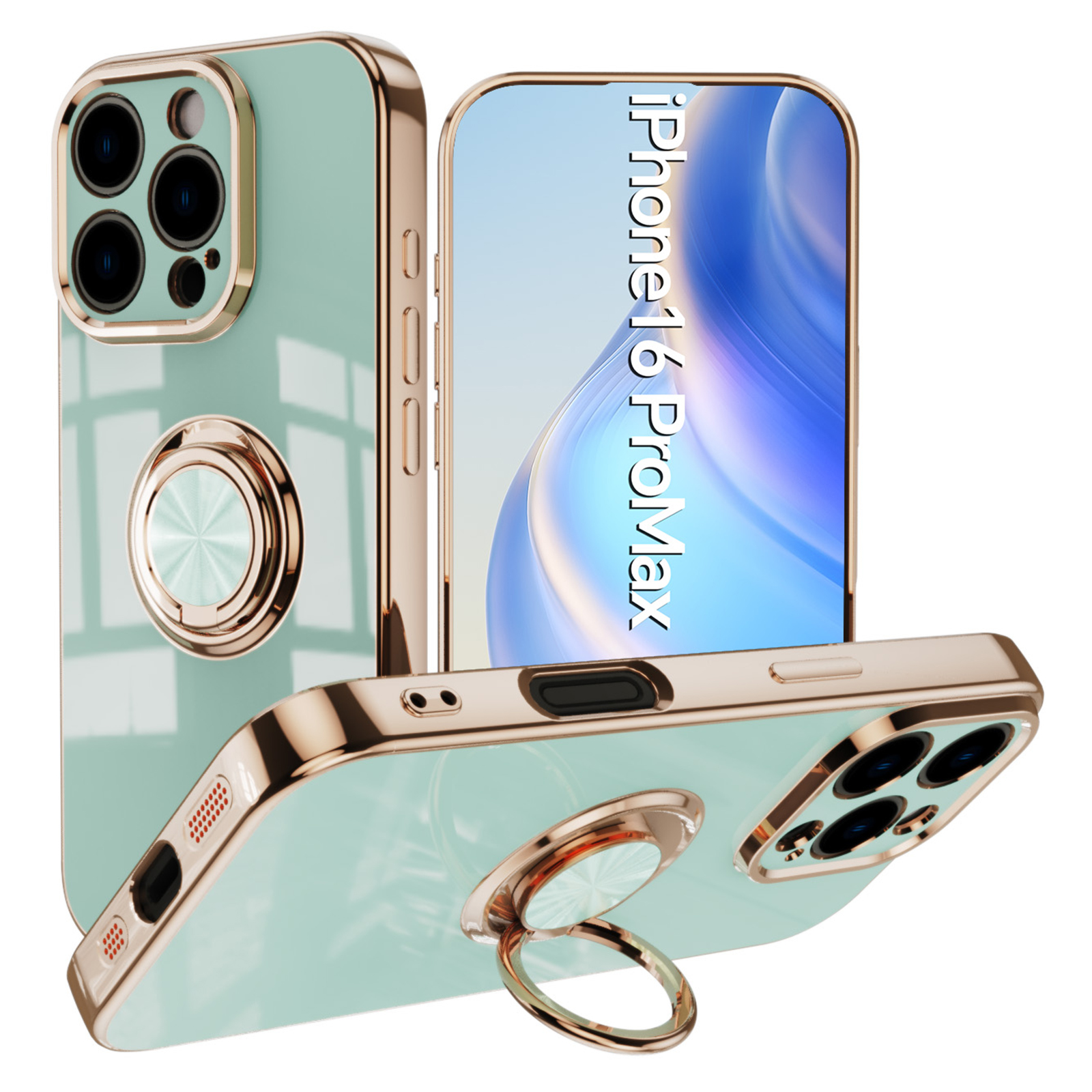 For iPhone 16 Pro Case Precise Cutouts 6D Electroplating TPU Phone Cover with Ring Holder - Light Cyan