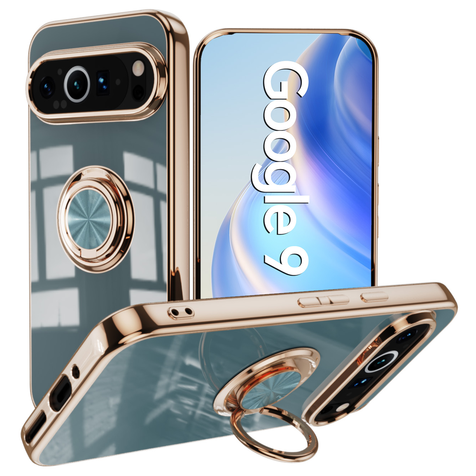 For Google Pixel 9 / 9 Pro Case Precise Cutouts 6D Electroplating TPU Phone Cover with Ring Holder - Grey