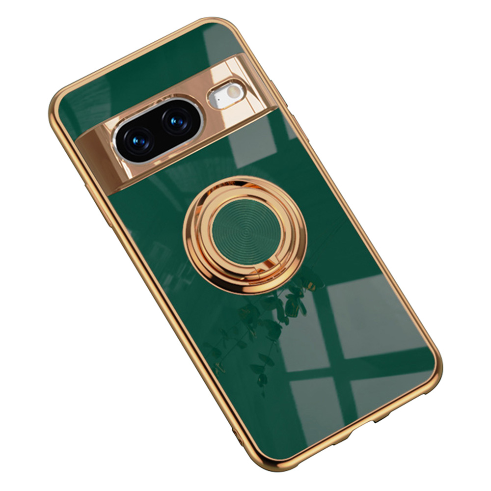 For Google Pixel 8 Case Precise Cutouts 6D Electroplating TPU Phone Cover with Ring Holder - Midnight Green