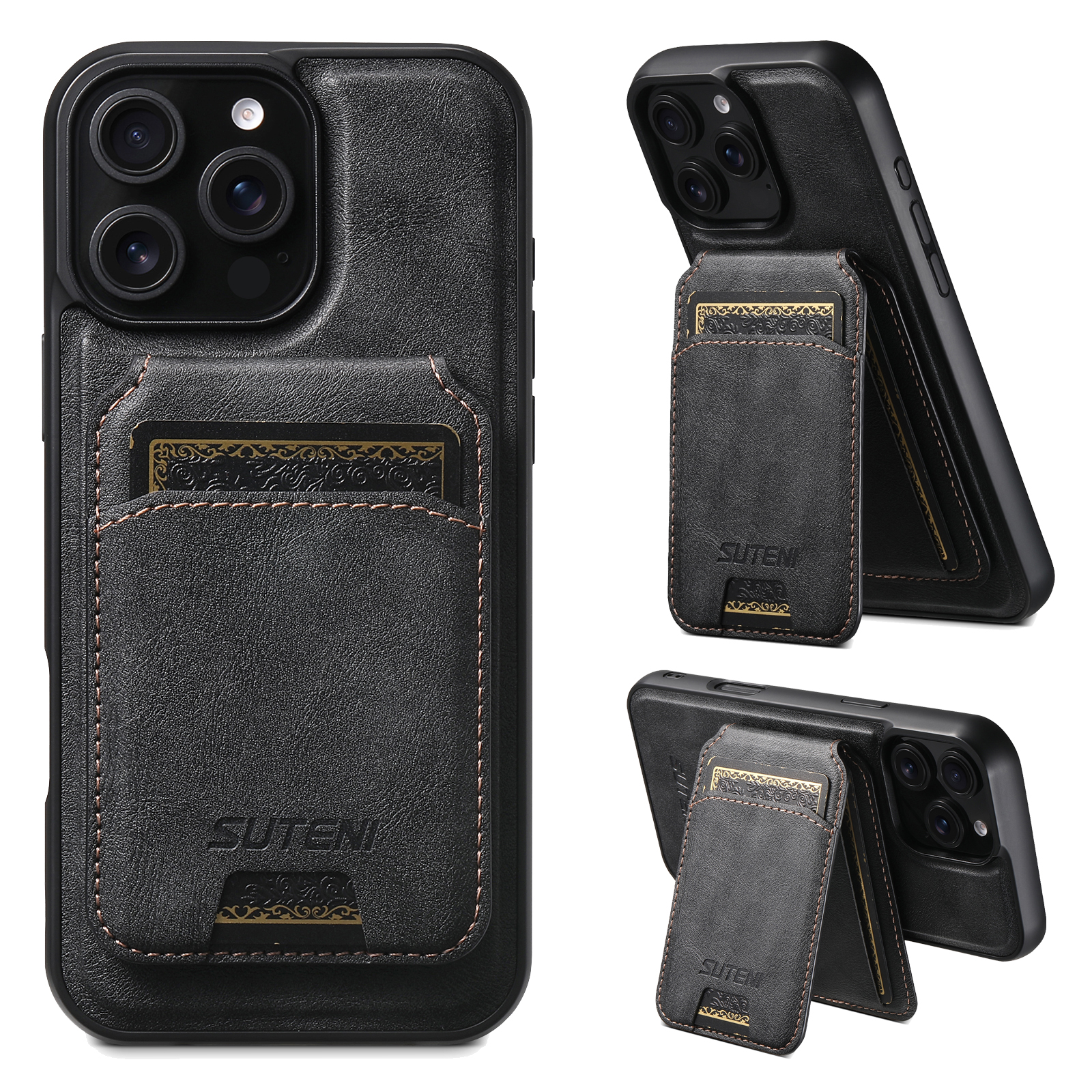 SUTENI M5 For iPhone 16 Pro Max Magnetic Case with Card Bag Cowhide Texture Leather Phone Back Cover - Black