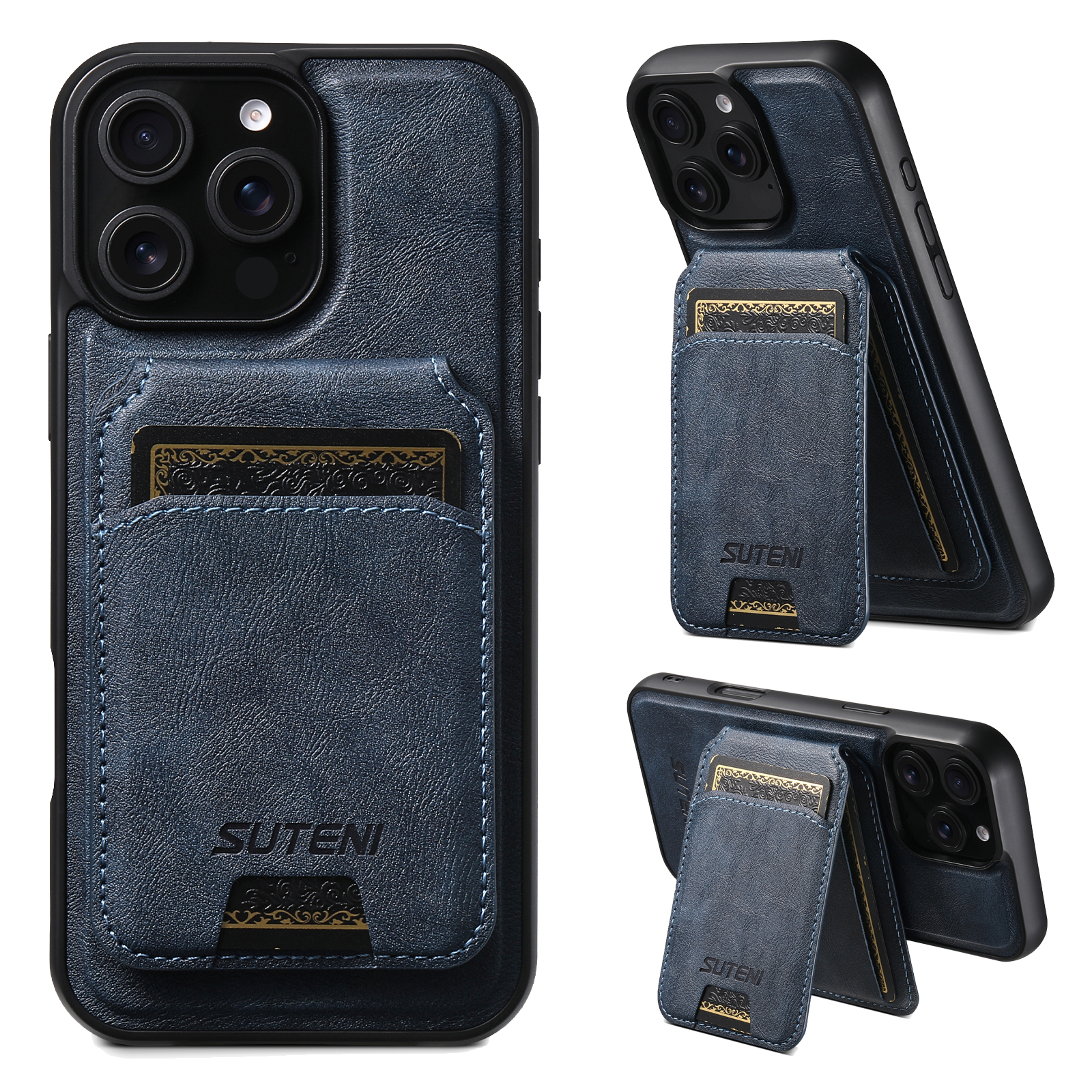 SUTENI M5 For iPhone 16 Pro Max Magnetic Case with Card Bag Cowhide Texture Leather Phone Back Cover - Blue