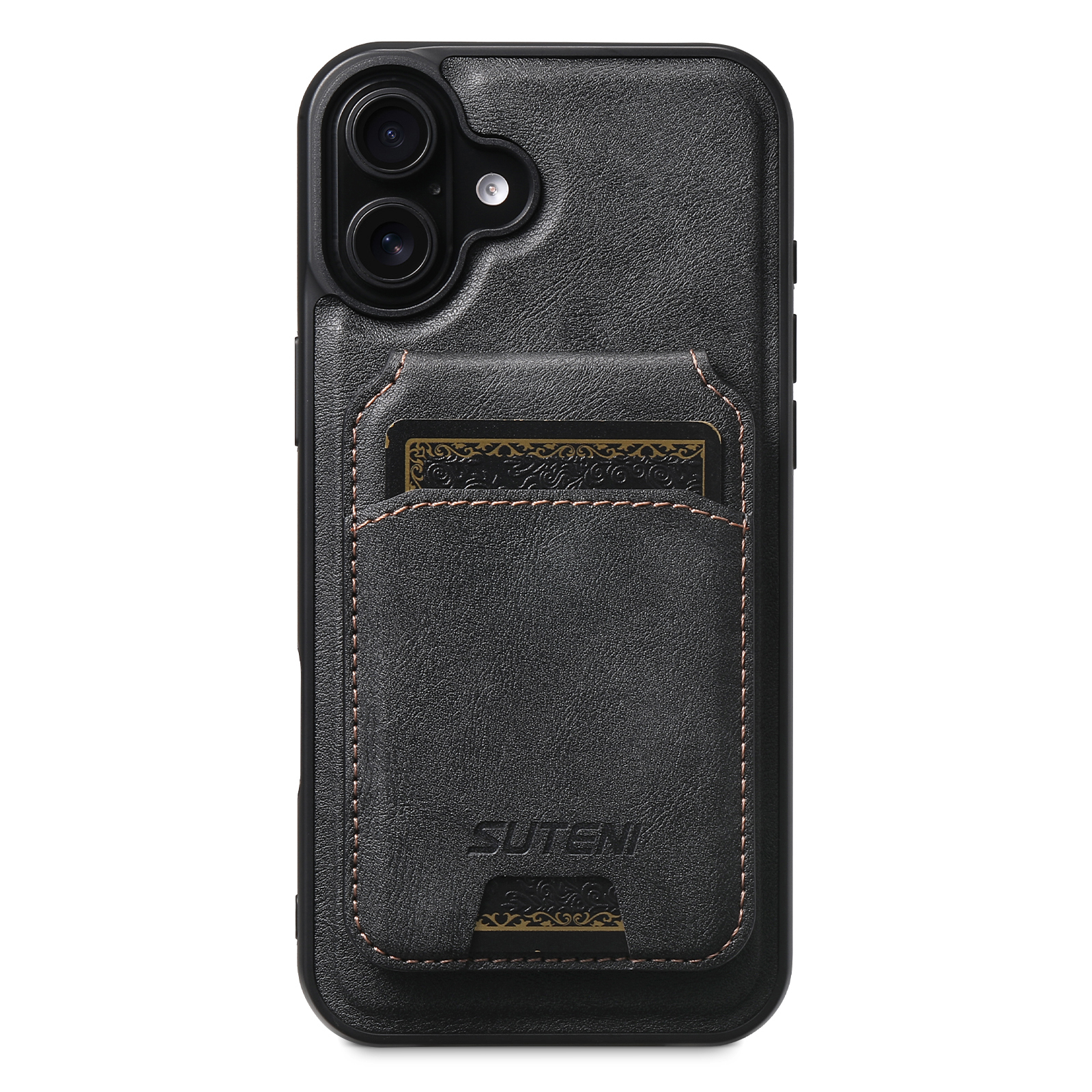 SUTENI M5 For iPhone 16 Magnetic Case with Card Bag Cowhide Texture Leather Phone Back Cover - Black