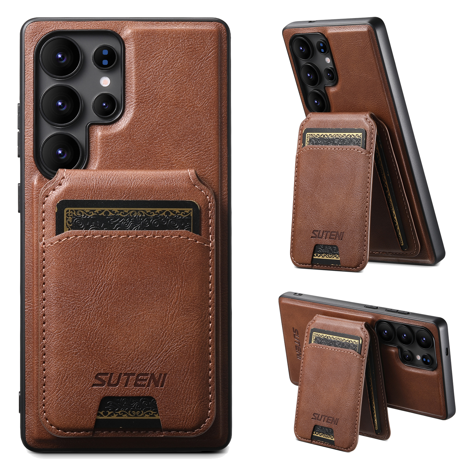 SUTENI M5 For Samsung Galaxy S23 Ultra Magnetic Case with Card Bag Cowhide Texture Leather Phone Back Cover - Brown