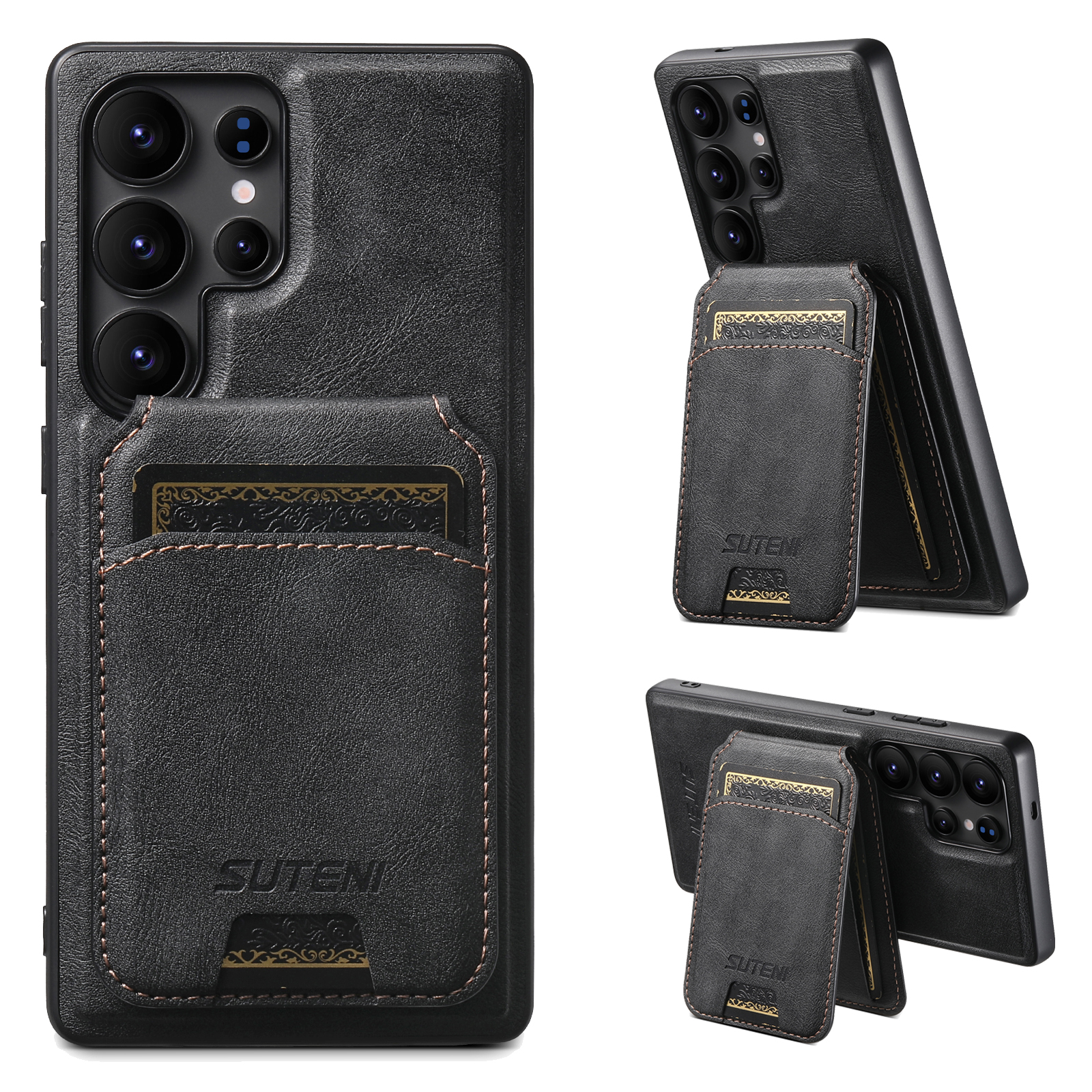 SUTENI M5 For Samsung Galaxy S22 Ultra 5G Magnetic Case with Card Bag Cowhide Texture Leather Phone Back Cover - Black
