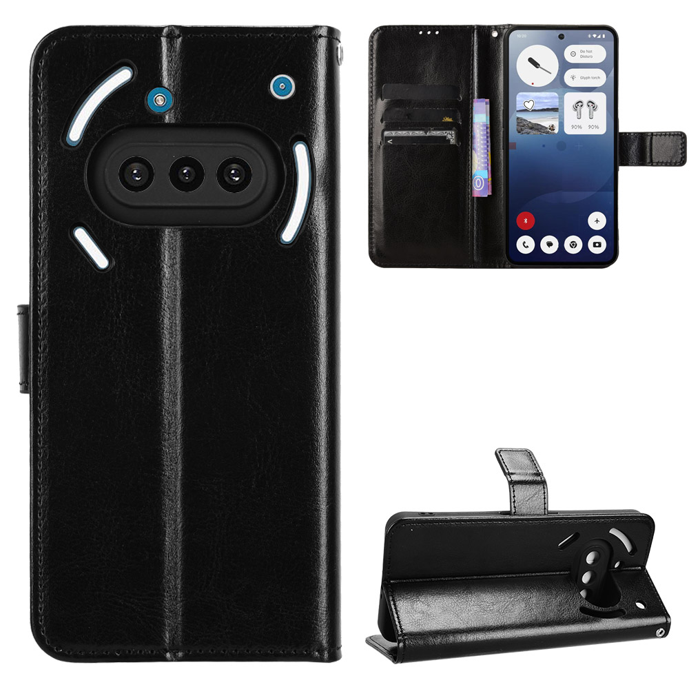 For Nothing Phone (3a) PU Leather Case with Strap Crazy Horse Texture Phone Wallet Cover - Black
