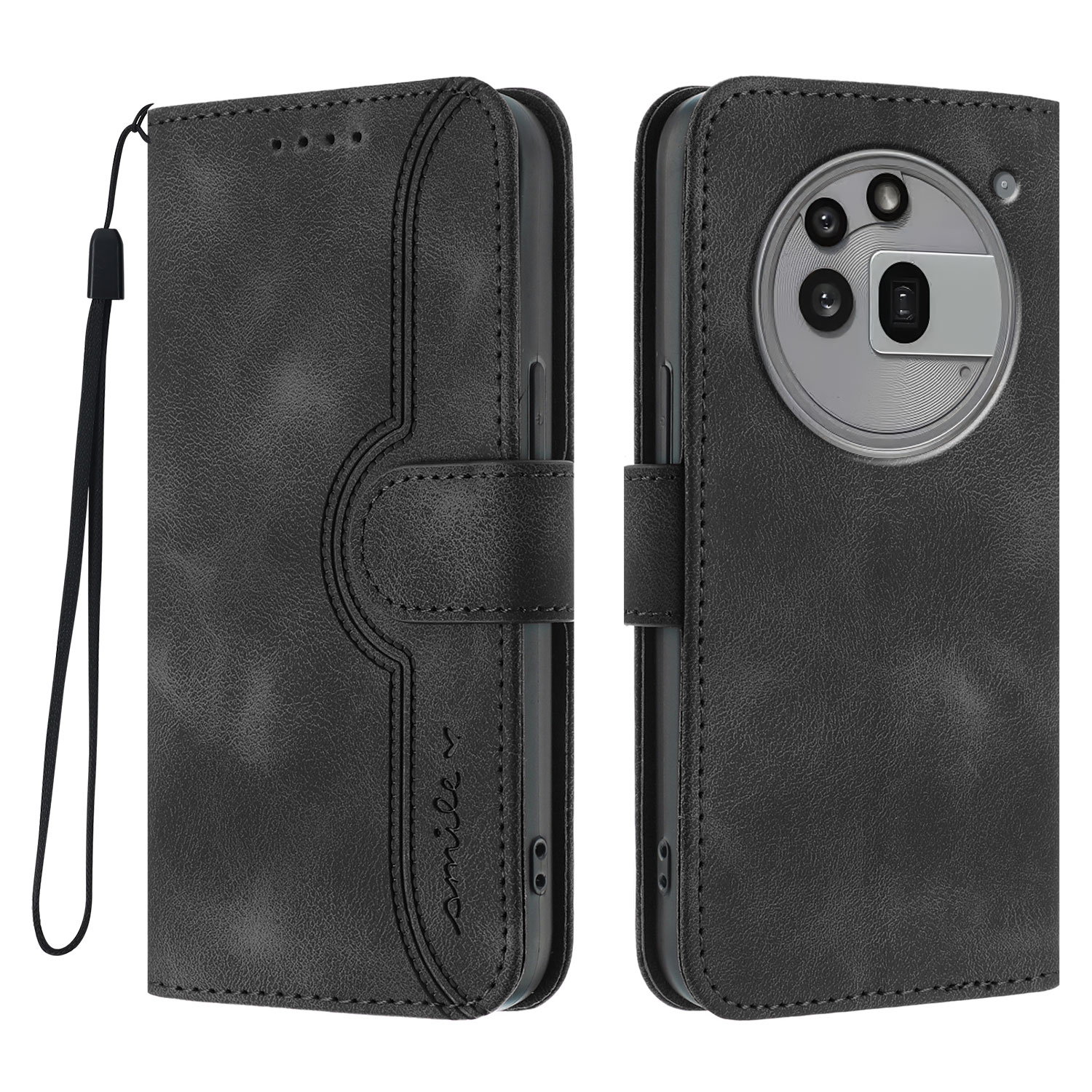 For Nothing Phone (3a) Pro Leather Case Wallet Stand Smile Imprinted Phone Cover with Strap - Black