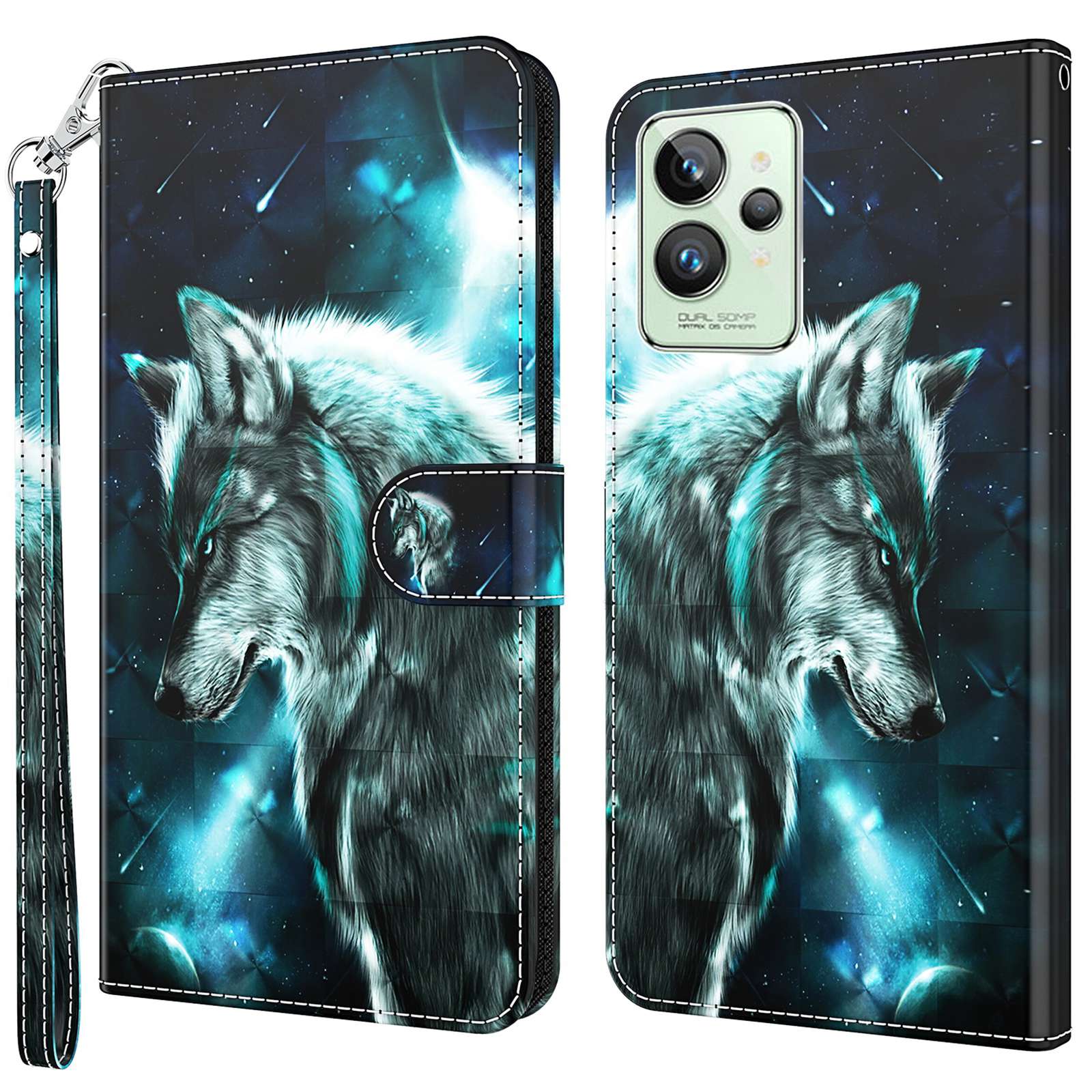 

Für Realme GT2 Pro Farbige 3D -muster -druckbrieftaschenhülle PU -leder -ständer Handtasche Flip -abdeckung Mit Riemen - Wolf, Realme GT2 Pro