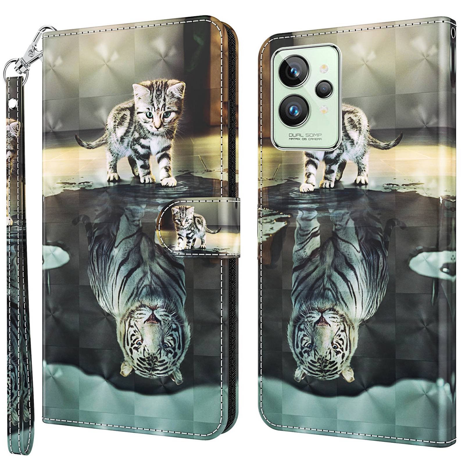 

Für Realme GT2 Pro Farbige 3D -muster -druckbrieftaschenhülle PU -leder -ständer Handtasche Flip -abdeckung Mit Riemen - Katze / Tiger, Realme GT2 Pro
