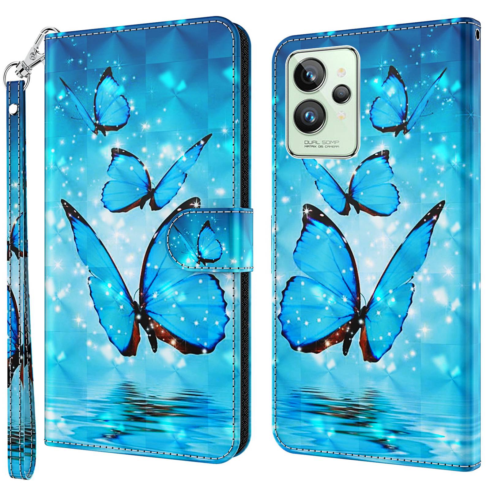 

Für Realme GT2 Pro Farbige 3D -muster -druckbrieftaschenhülle PU -leder -ständer Handtasche Flip -abdeckung Mit Riemen - Blaue Schmetterlinge, Realme GT2 Pro