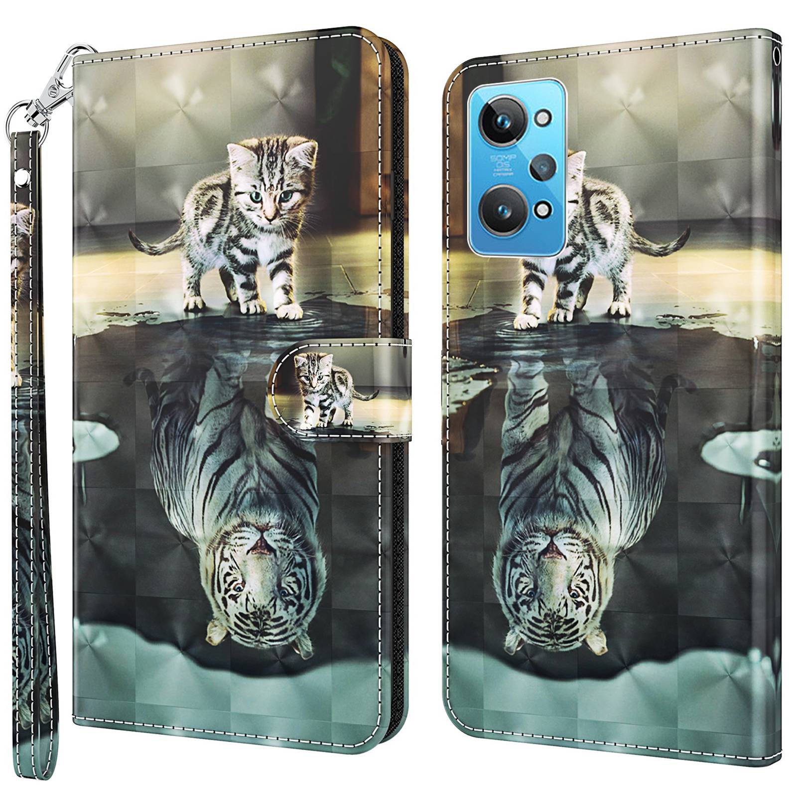 

Für Realme GT Neo 3T 5G / GT Neo2 5G Kreatives 3D -muster -druck Flip Cover PU Leder Brieftasche Ständer Armband Schutz Telefonhülle - Katze / Tiger, Realme GT Neo 3T 5G