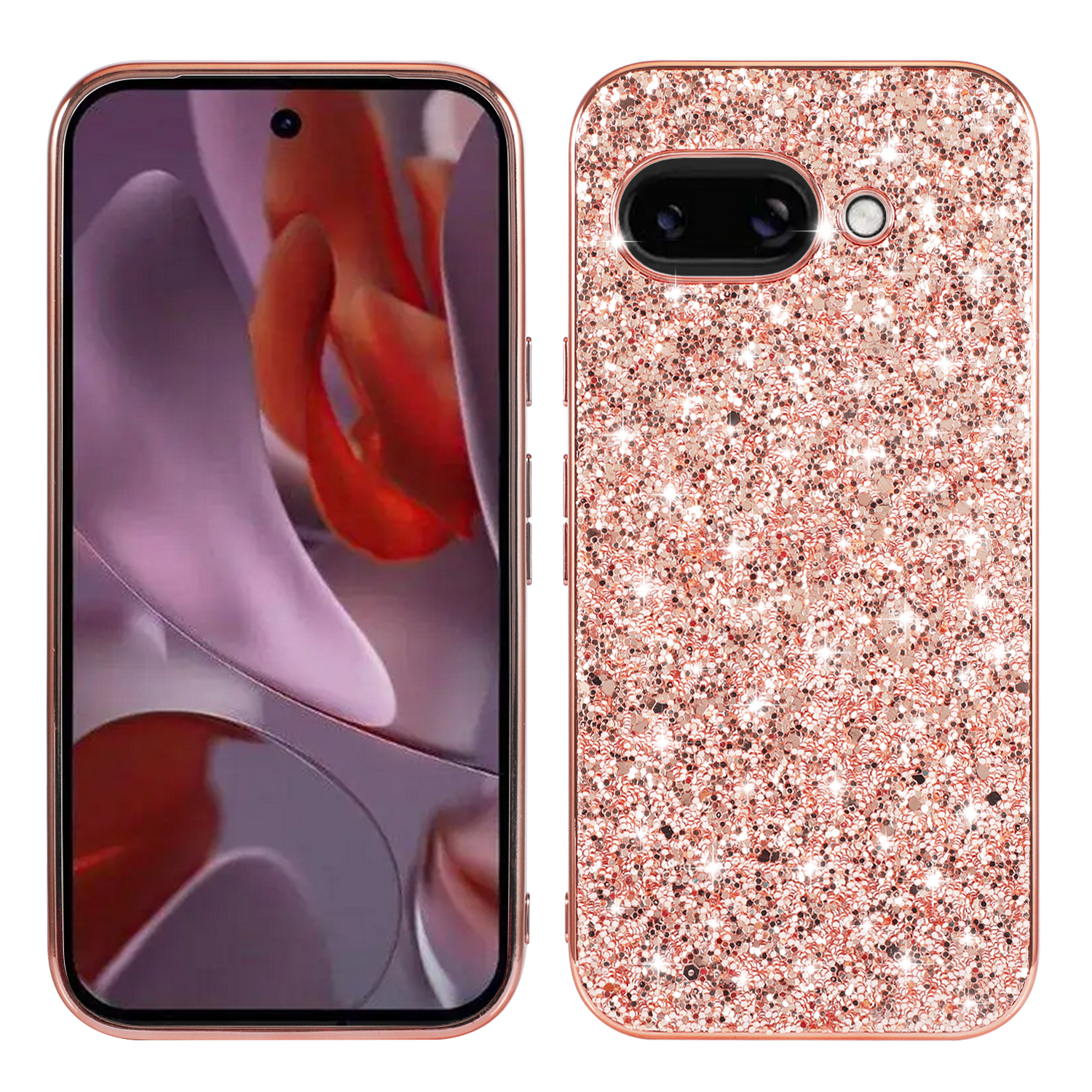 For Google Pixel 9a Case TPU + PC Sparkling Glitter Phone Back Cover - Rose Gold