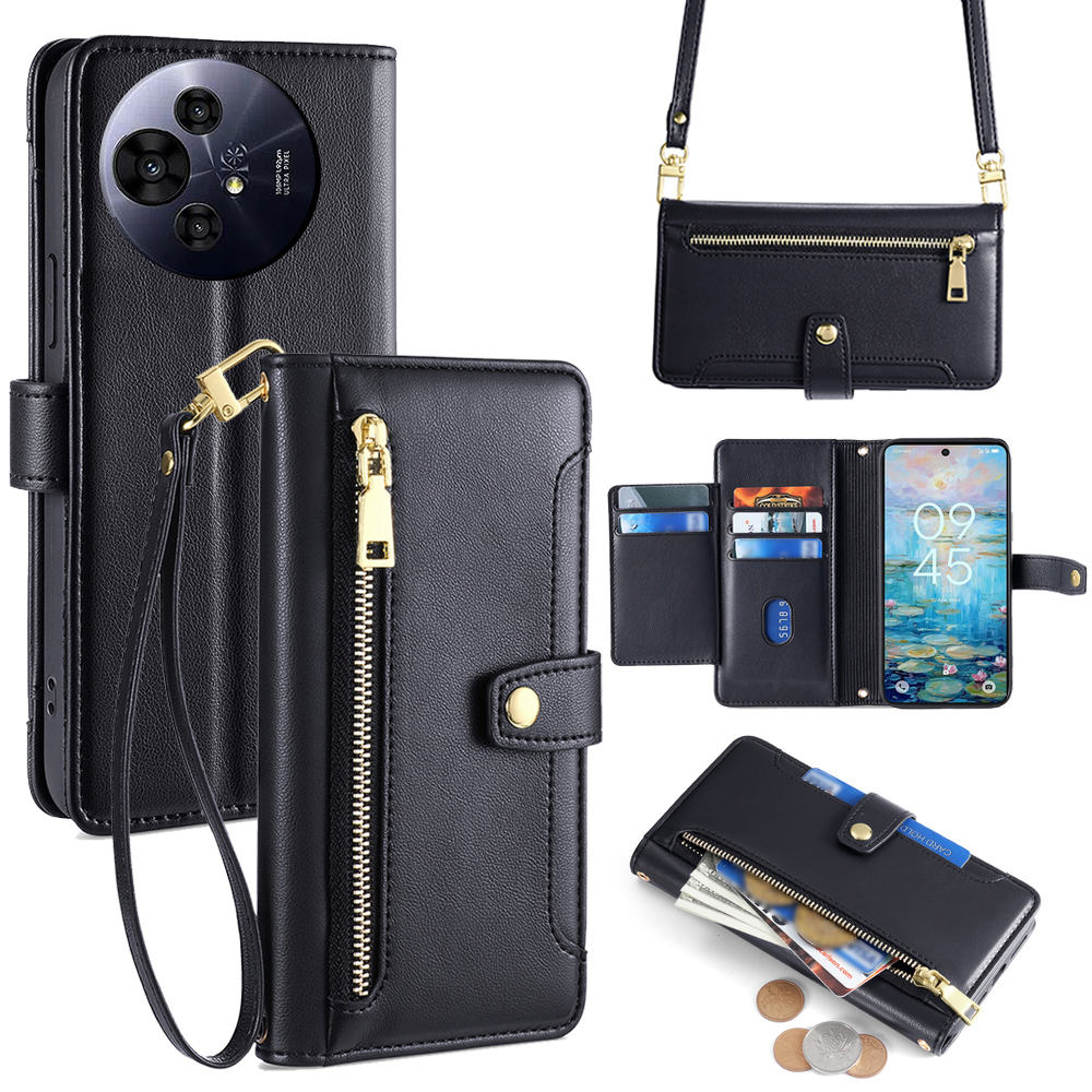 For TCL 50 NxtPaper 5G / 50 Pro NxtPaper 5G Case Zipper Pocket Wallet Leather Phone Cover with 2 Straps - Black
