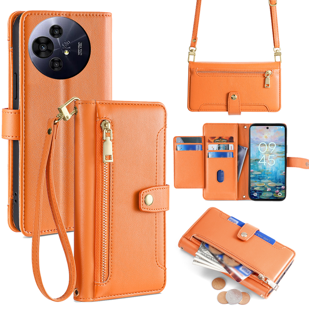 For TCL 50 NxtPaper 5G / 50 Pro NxtPaper 5G Case Zipper Pocket Wallet Leather Phone Cover with 2 Straps - Orange