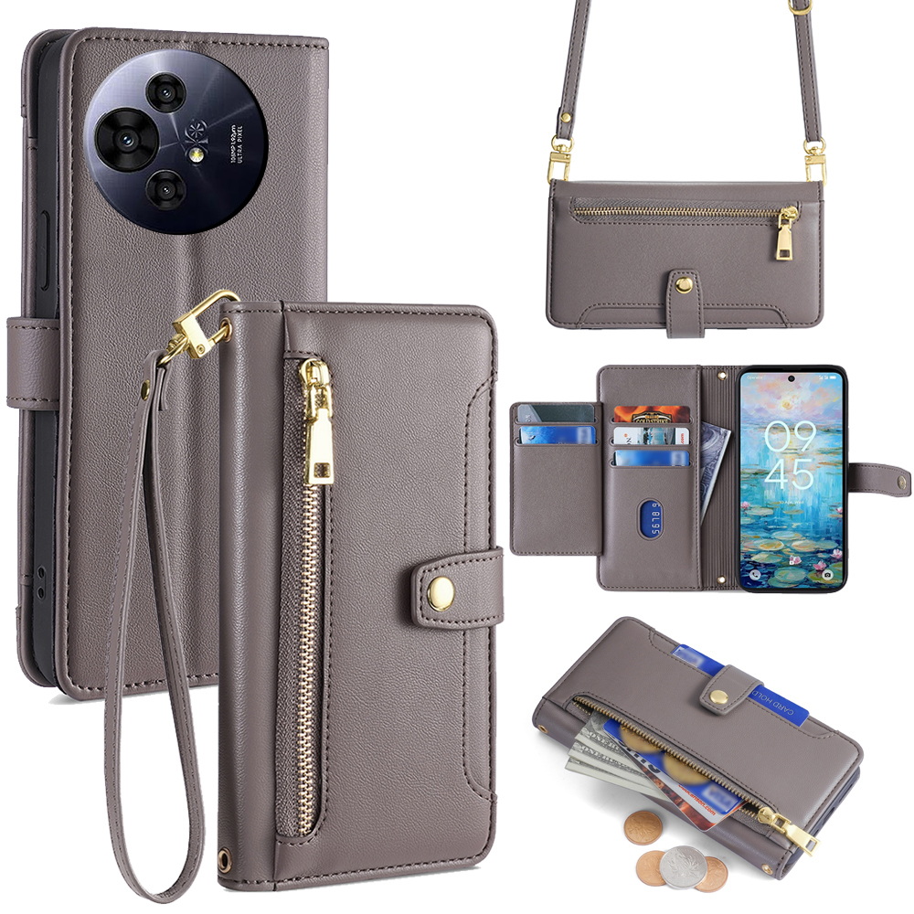 For TCL 50 NxtPaper 5G / 50 Pro NxtPaper 5G Case Zipper Pocket Wallet Leather Phone Cover with 2 Straps - Grey