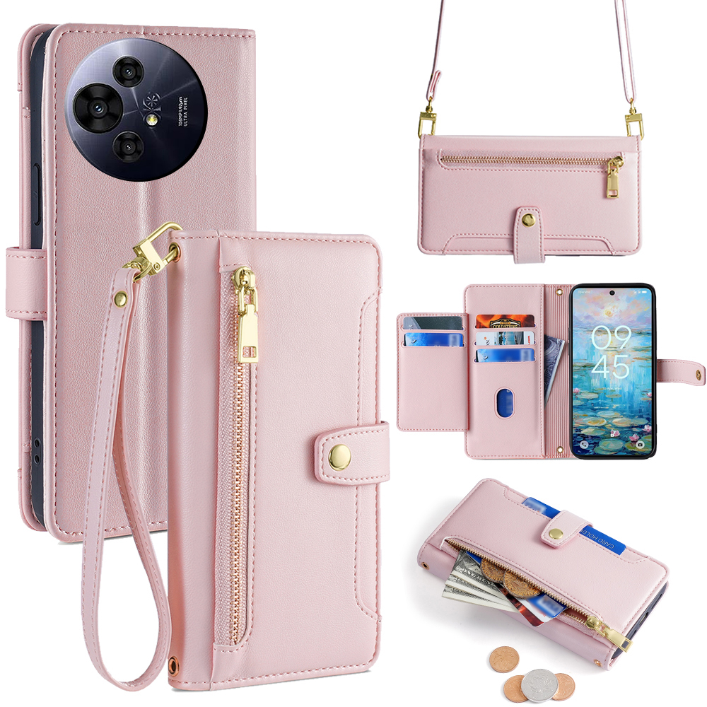 For TCL 50 NxtPaper 5G / 50 Pro NxtPaper 5G Case Zipper Pocket Wallet Leather Phone Cover with 2 Straps - Pink