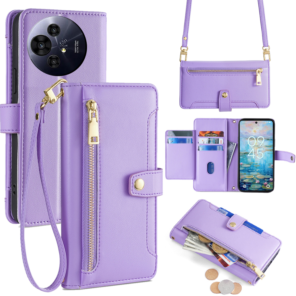 For TCL 50 NxtPaper 5G / 50 Pro NxtPaper 5G Case Zipper Pocket Wallet Leather Phone Cover with 2 Straps - Purple