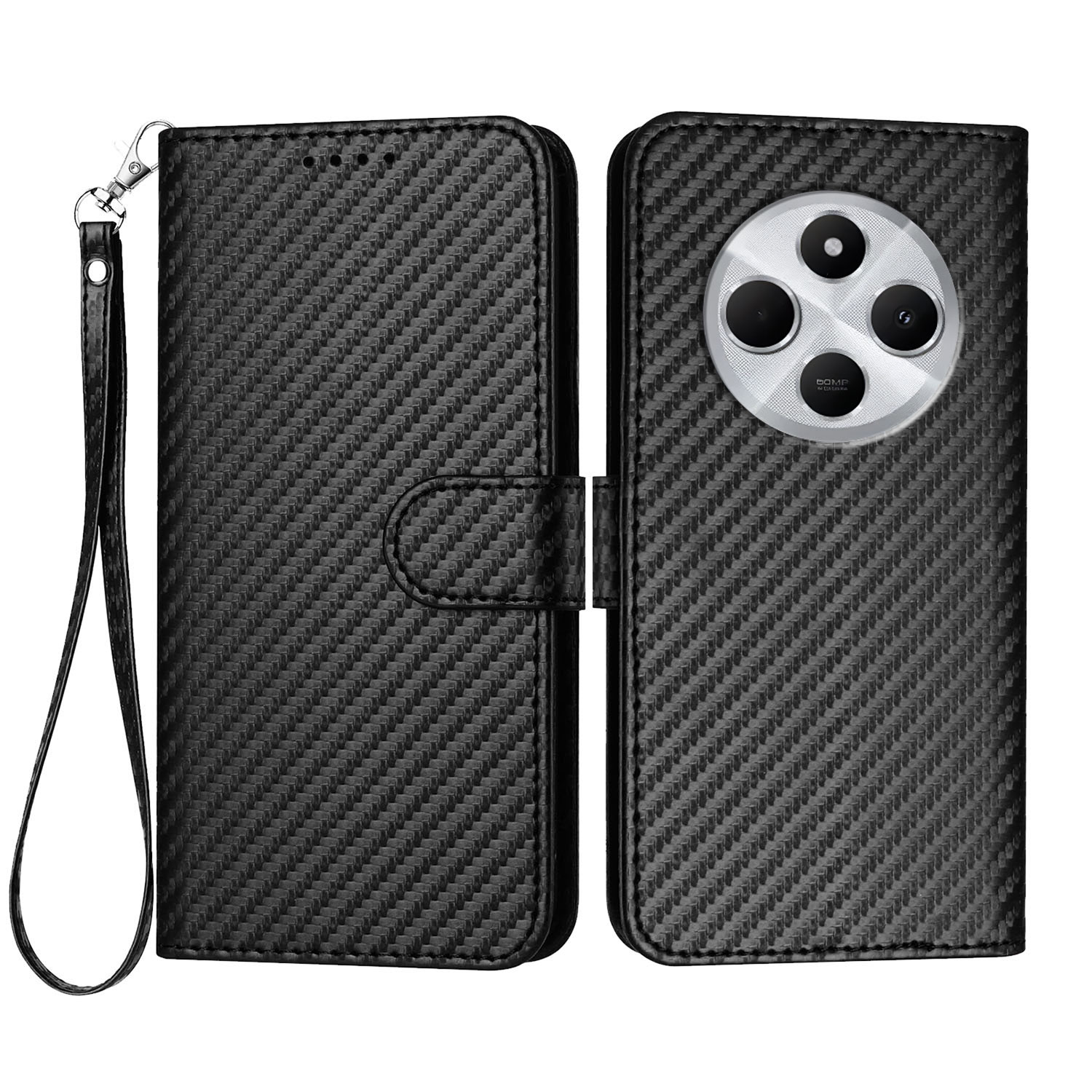 For Xiaomi Redmi 14C 5G / Xiaomi Poco C75 4G / Xiaomi Redmi A3 Pro 4G / Xiaomi Redmi 14R 5G / Xiaomi Redmi 14C 4G Wallet Case with Strap Carbon Fiber 