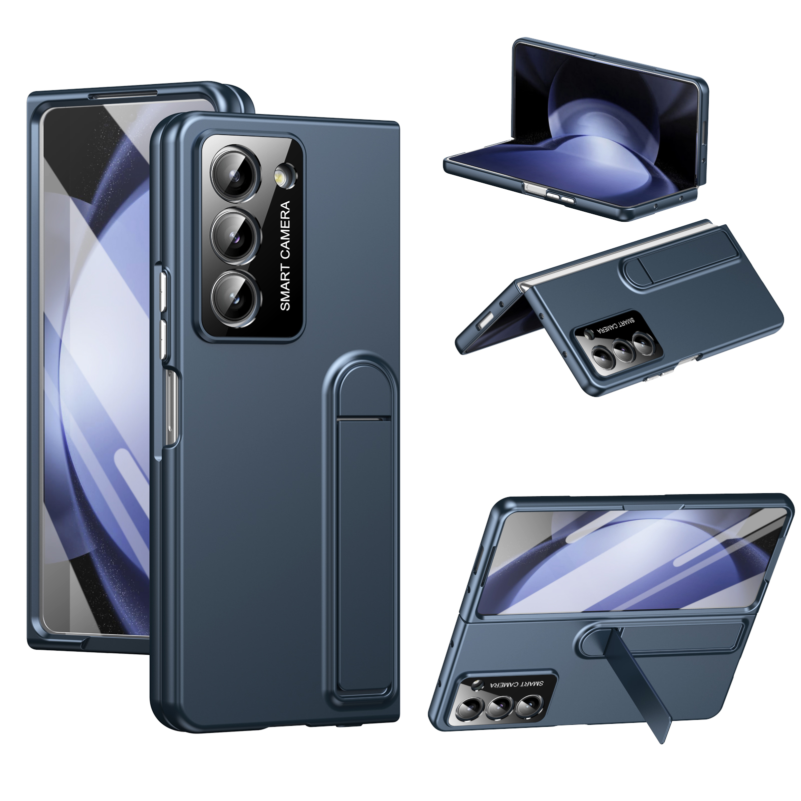 For Samsung Galaxy Z Fold5 5G Case Foldable Kickstand Skin-Touch PC Phone Cover Built In Screen Protector - Dark Blue