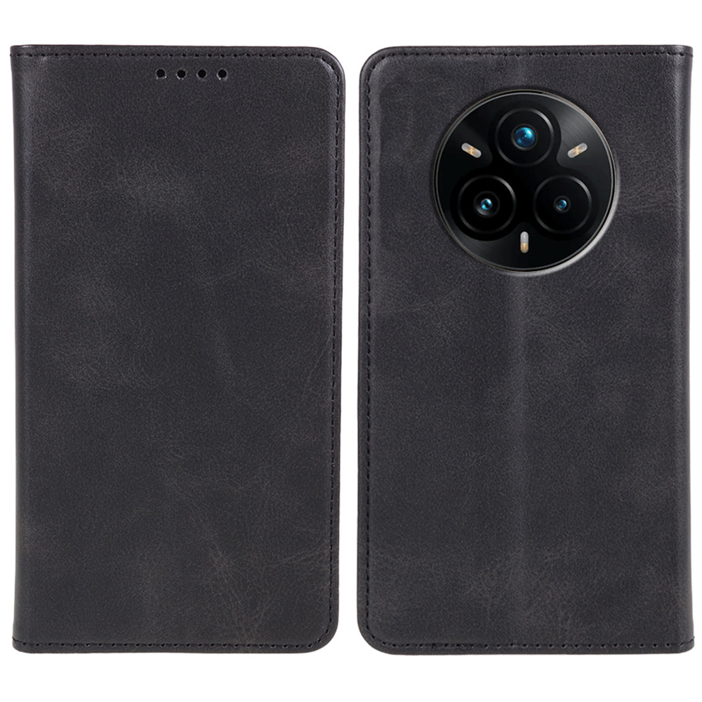 For Realme 14 Pro+ 5G Case Strong Magnetic PU Leather Phone Cover Calf Texture - Black